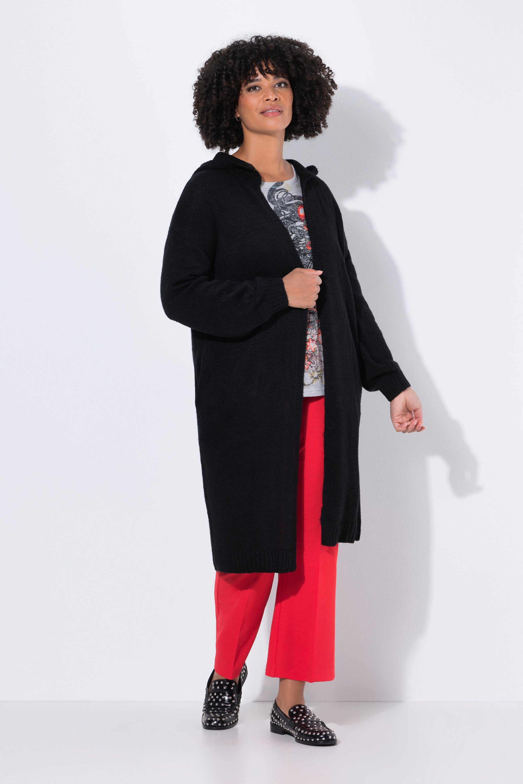 Strickjacke Long-Strickjacke Rücken-Schriftzug offene Form