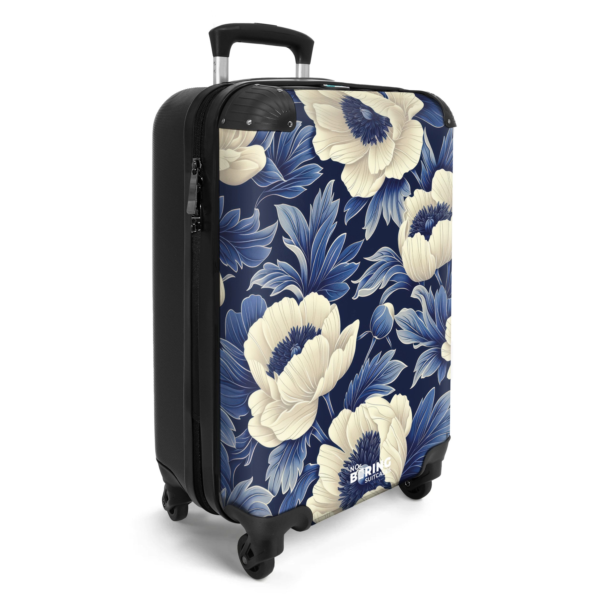 NoBoringSuitcases.com© Hartschalen-Trolley Dunkelblau mit weißen Blüten günstig online kaufen