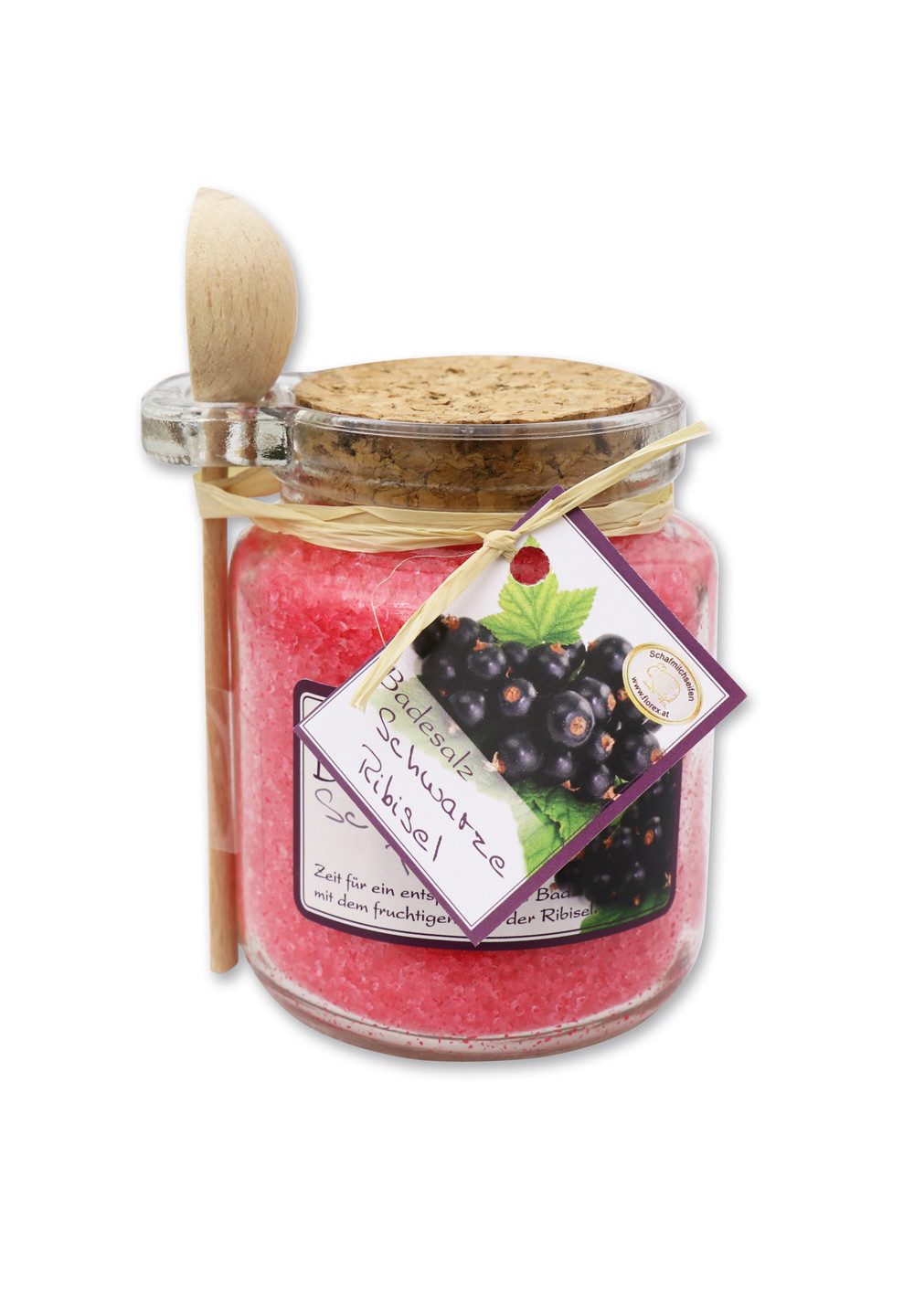 Gerlinde Hofer _ Florex GmbH Badezusatz B1420SR schwarze Ribisel, 1-tlg., Badesalz mit Bio Schafmilch im Glas mit Holzlöffel 300 g