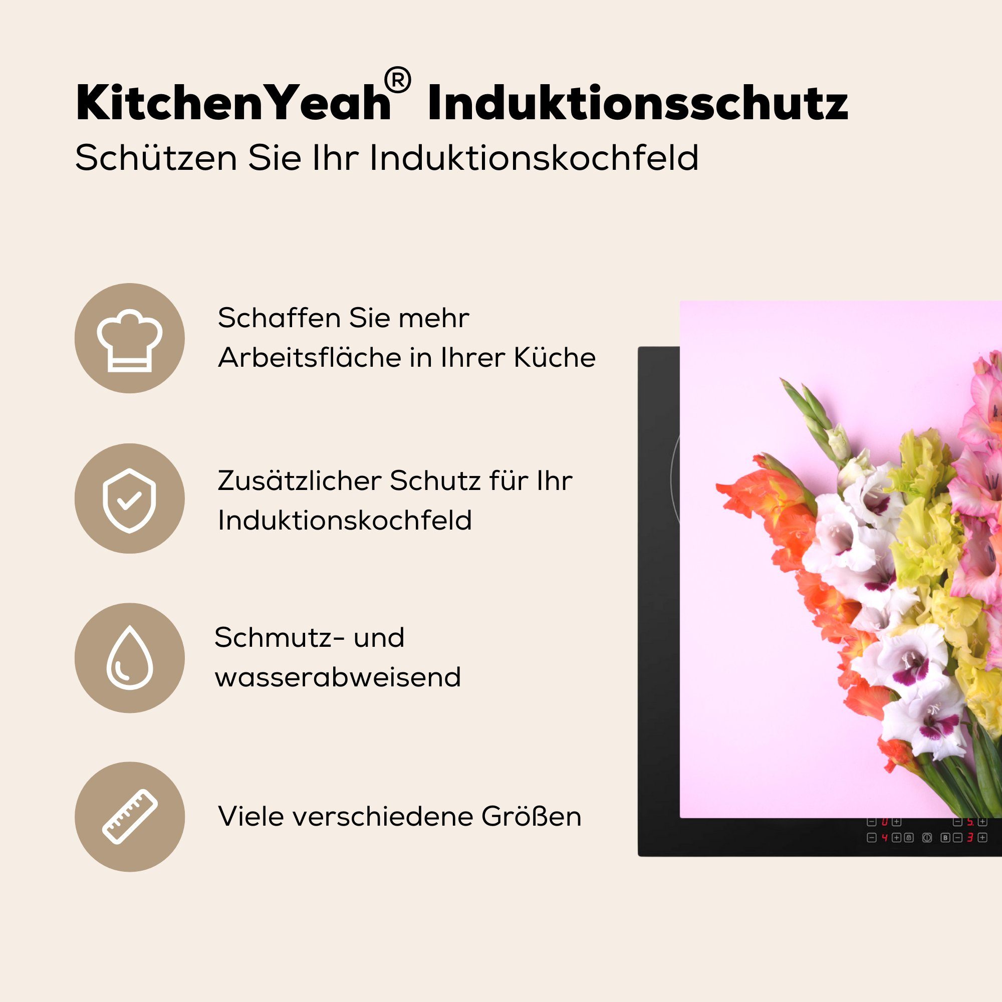 Herdblende-/Abdeckplatte Induktionskochfeld Gladiolen MuchoWow - Farben, - cm, küche, Schutz 81x52 Blumen für die Ceranfeldabdeckung tlg), Vinyl, (1