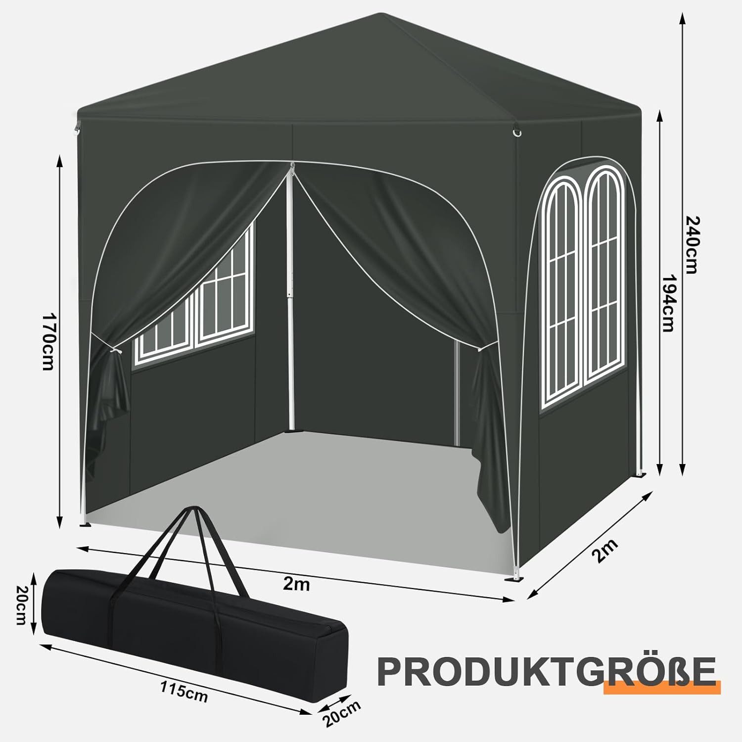 Woltu Pavillon, mit 4 Seitenteilen, 2x2 m, mit 4 Seitenwänden, höhenverstellbar, mit Tragetasche
