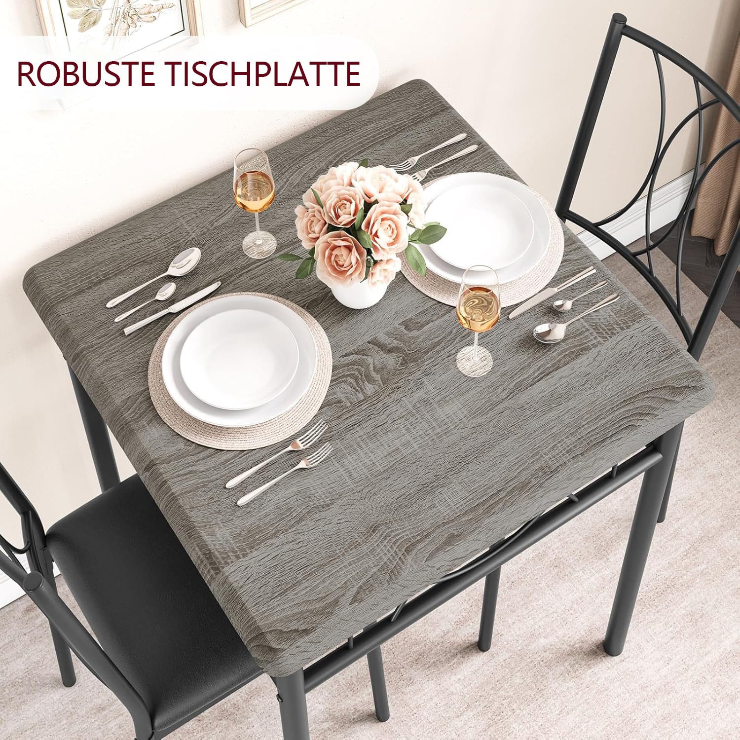 GarveeMore Essgruppe Stilvolles 3-teiliges Esszimmer-Set für 2 Personen, Quadratischer Esstisch mit 2 gepolsterten Stühlen für Küche, Esszimmer – Bild 5 von 5