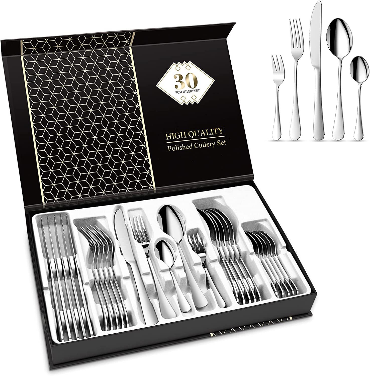 AKKEE Besteck-Set Besteckset für 6 Personen, 30 teilig Edelstahl Besteck set, 6 Personen, Spiegelpolierte, Geschenkbox