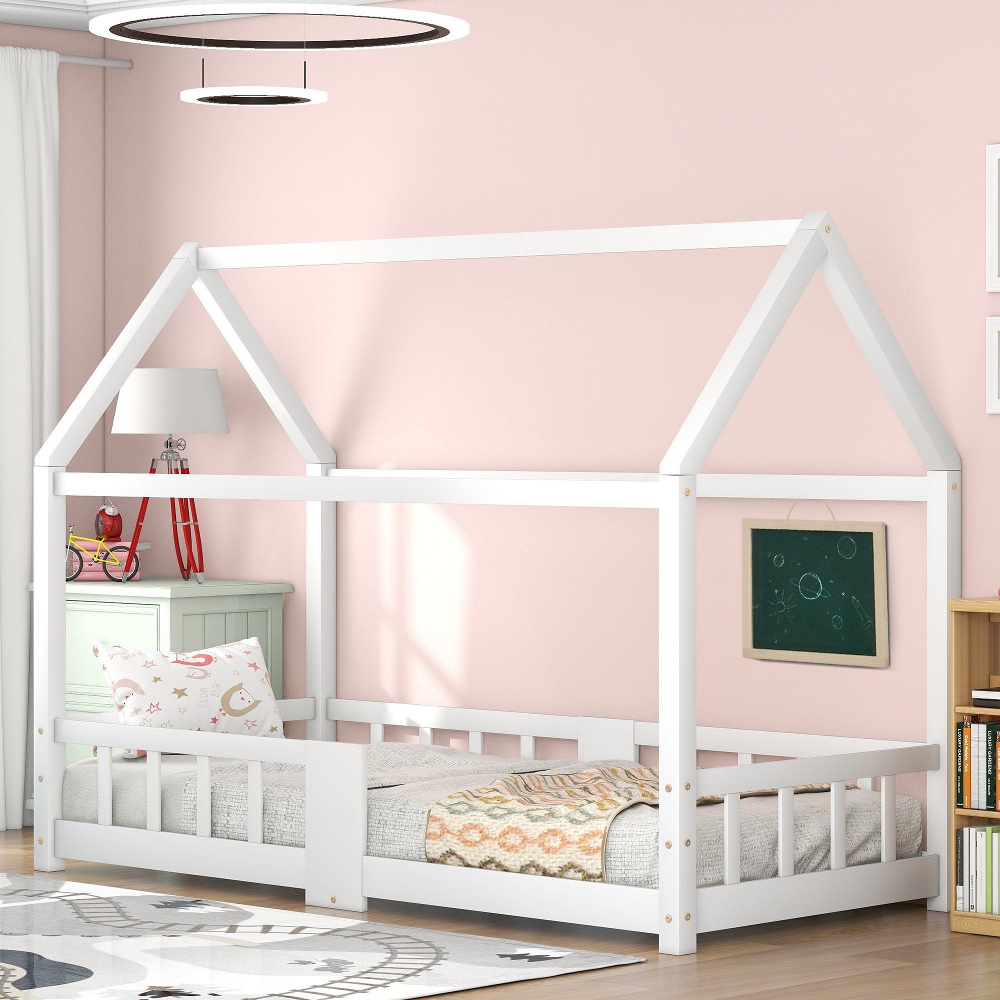 Kinderbett (Hausbett 90x200cm), Kinderbett mit Tafel, Rausfallschutz und Lattenrost, Kiefer