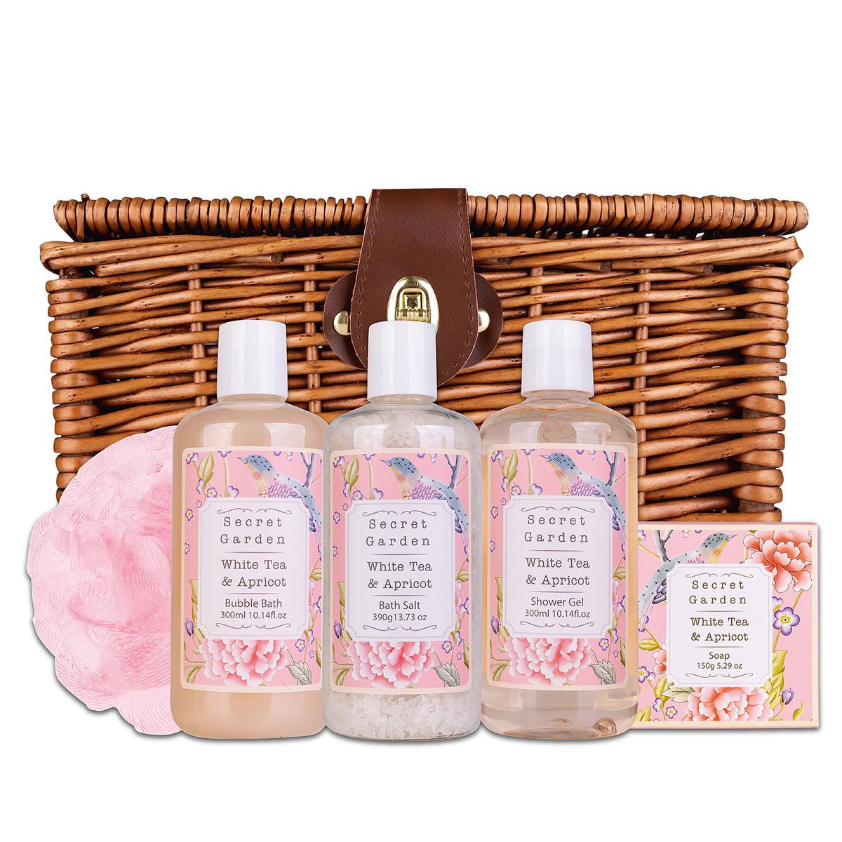 ACCENTRA Hautreinigungs-Set SECRET GARDEN 1170 ml, 5-tlg., Geschenkset – Pflegeset im Weidenkorb, White Tea & Apricot