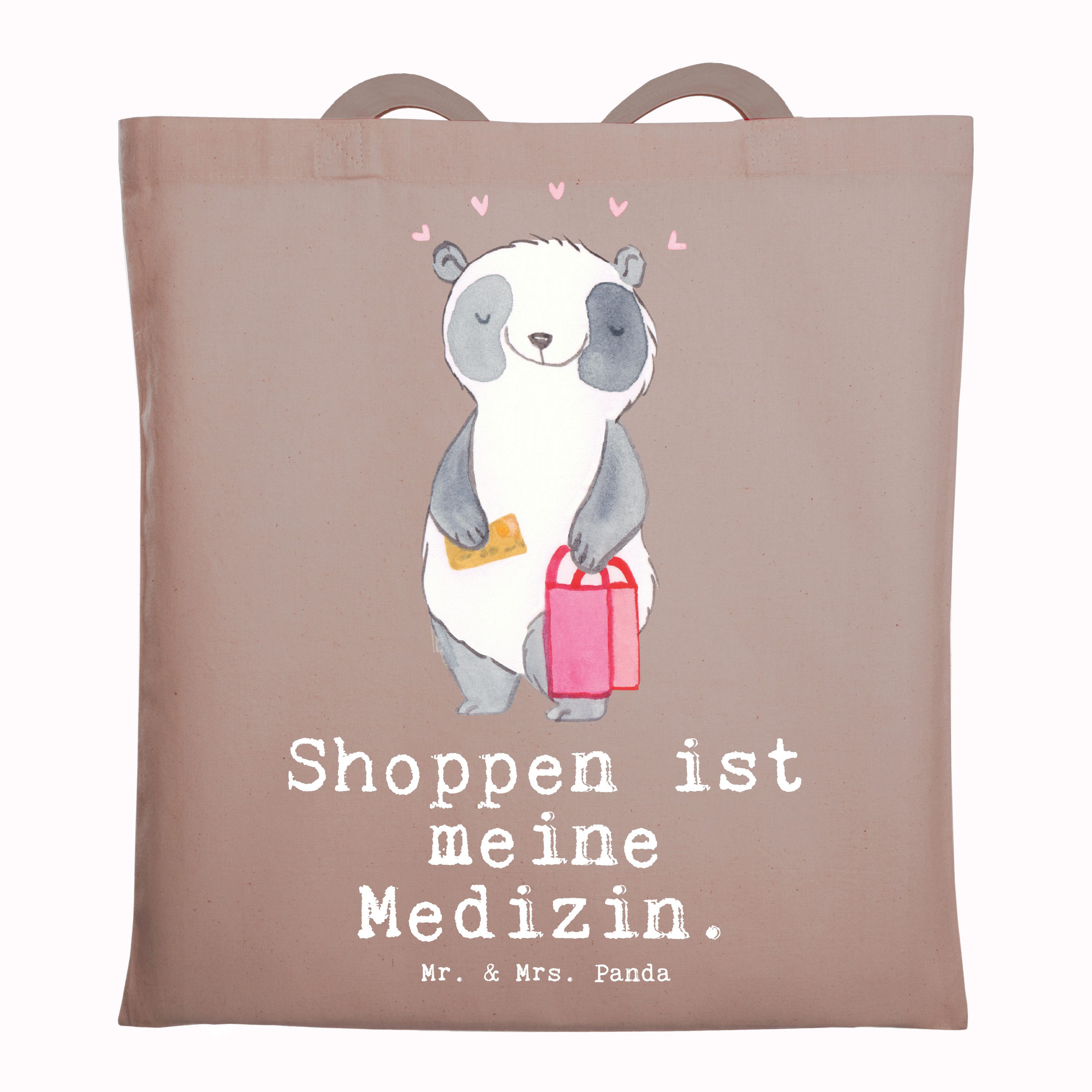 Mr. & Mrs. Panda Tragetasche Panda Shopping - Braun Pastell - Geschenk, Einkaufstasche, einkaufen, (1-tlg), Lange Tragegriffe