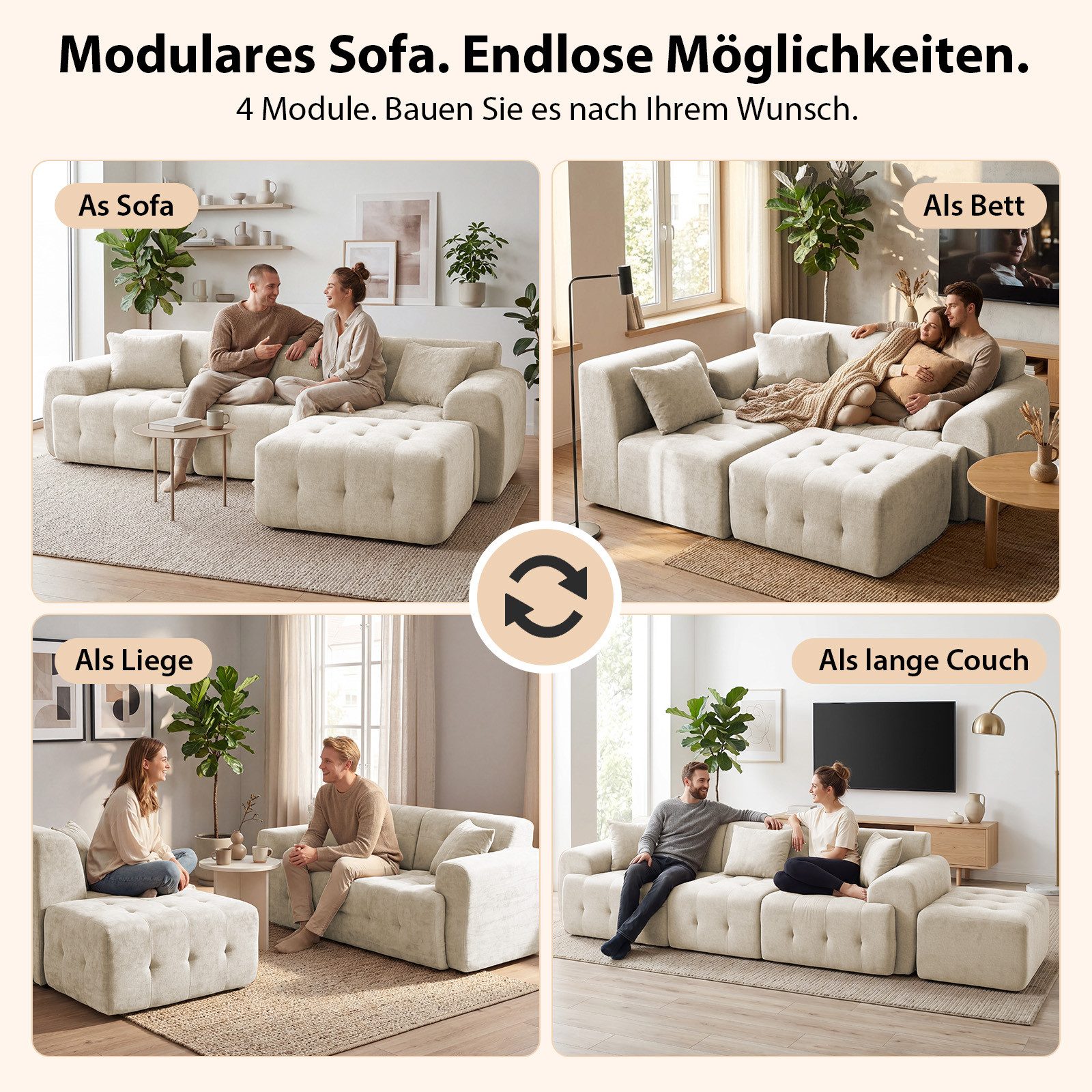 COMHOMA Sofa Ecksofa, Modulares Sofa, 2 Sitzer Bodensofa Couch mit Kissen Armlehne, für Wohnzimmer, vakuumverpackt
