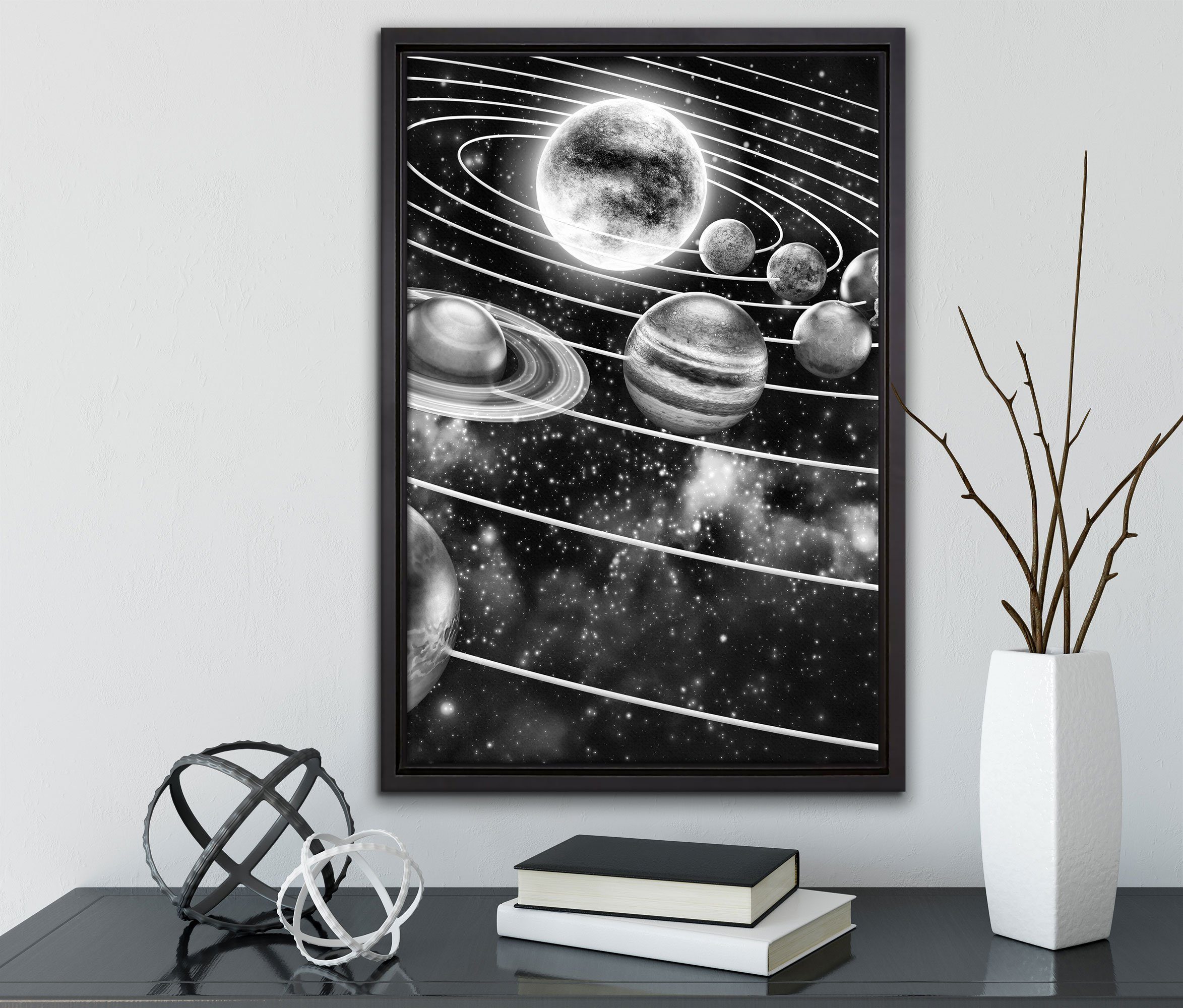 fertig mit St), Planeten, Zackenaufhänger Pixxprint inkl. gefasst, einem Sonnensystem bespannt, Leinwandbild Leinwandbild (1 in Wanddekoration unseren Schattenfugen-Bilderrahmen