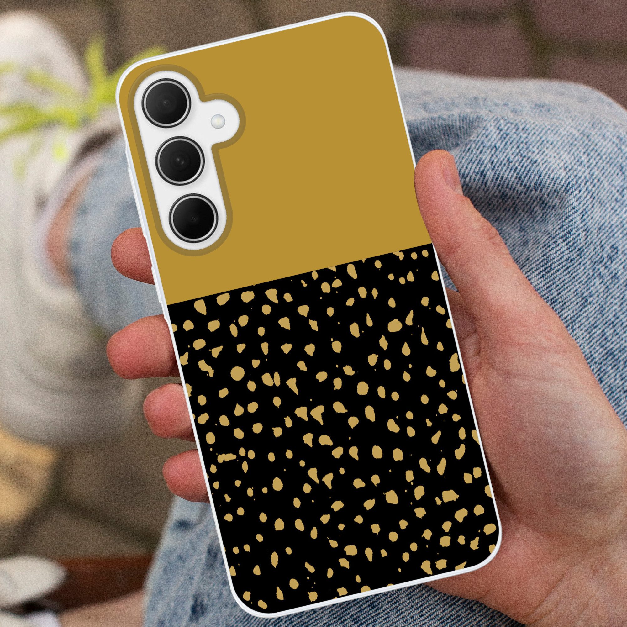 MuchoWow Handyhülle für Samsung Galaxy A35 5G Polka dots - Ockergelb - Schwarz, Smartphone-Bumper, Print, Handy Schutzhülle Dünn