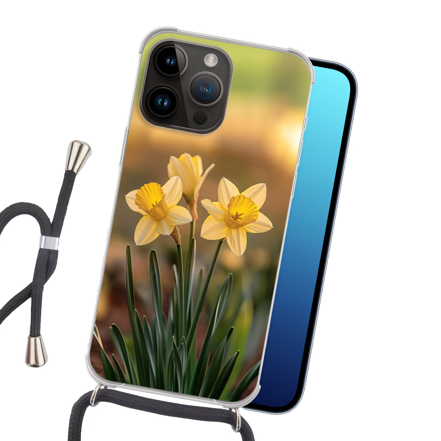 MuchoWow Handyhülle für Apple iPhone 14 Pro Blumen - Gelb - Unscharf, Tragbare Handyhüllen mit Kette zum umhängen, Handykette Handyband