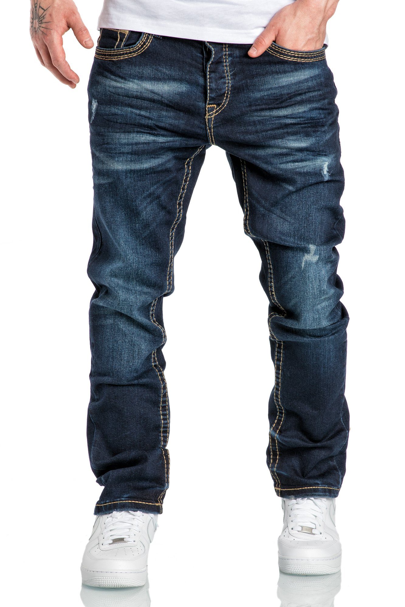 Amaci&Sons Stretch-Jeans ANCHORAGE Jeans Destroyed Regular Slim Herren Dicke Nähte Destroyed Regular Slim Denim Hose Fit Dunkelblau