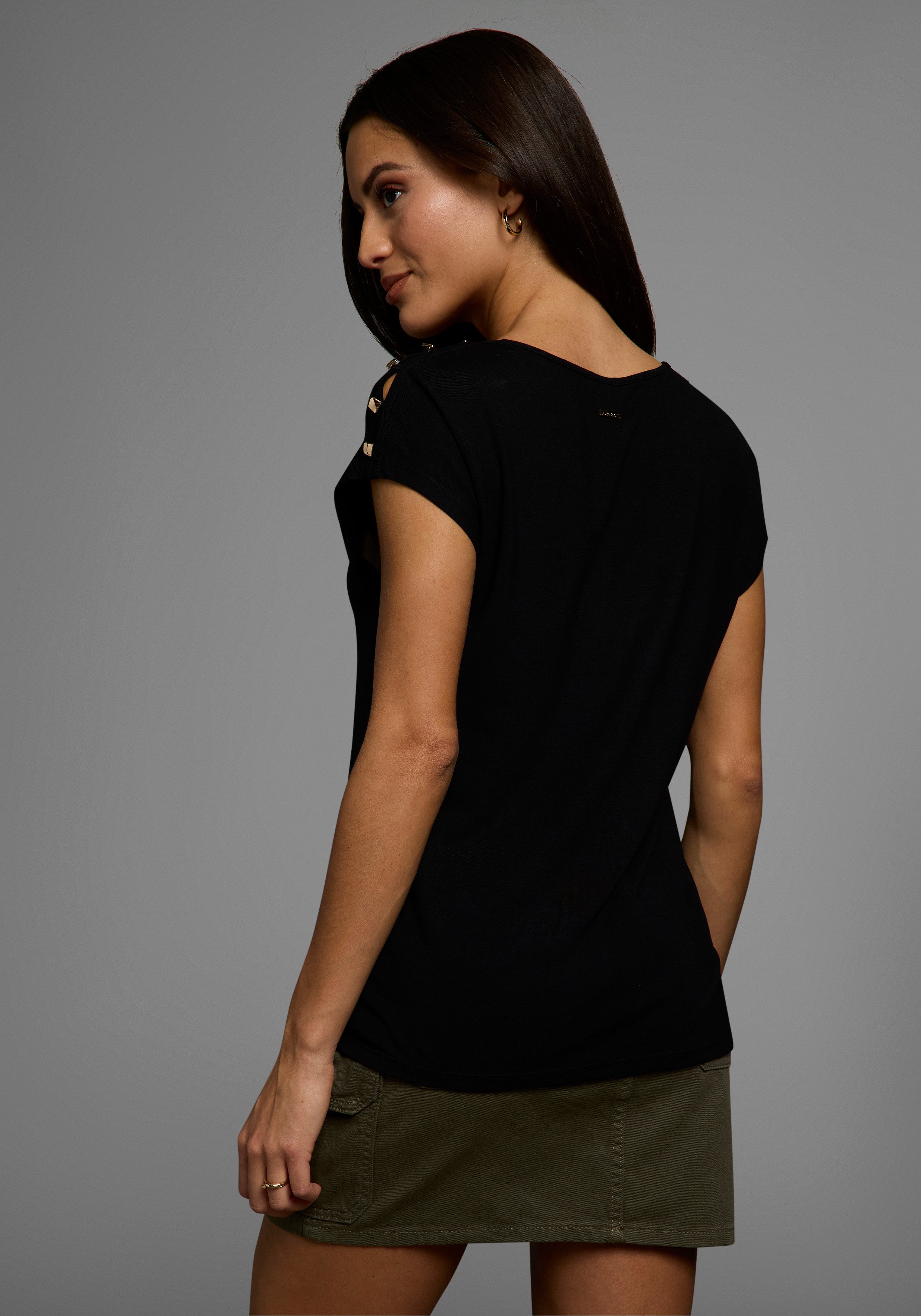 Laura Scott Rundhalsshirt mit Zierknöpfen & Schlitzen auf der Schulter günstig online kaufen