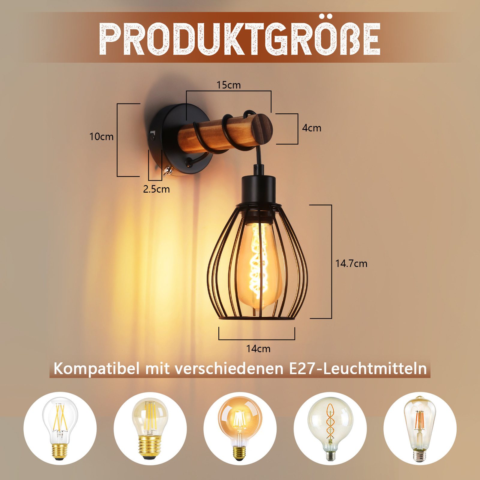 Nettlife Wandleuchte Holz Innen Wandlampe Vintage Schalter, mit Schalter, ohne Leuchtmittel, für Schlafzimmer Wohnzimmer Flur