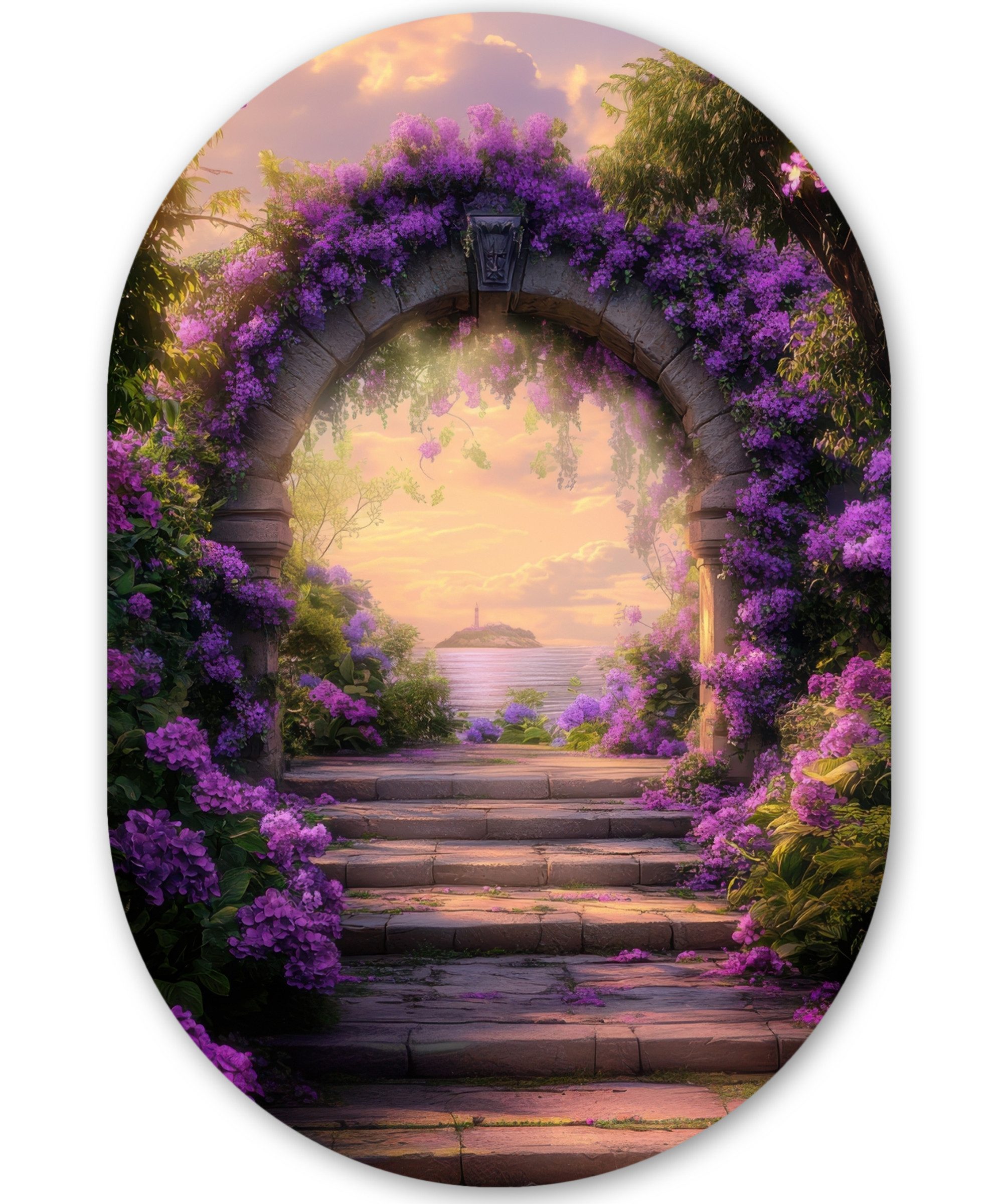 MuchoWow Gemälde Tor - Lila - Blumen, Fotodruck (1 St), Wandbild Oval, Wohnzimmer oder Schlafzimmer Wanddekoration, 40x60 cm