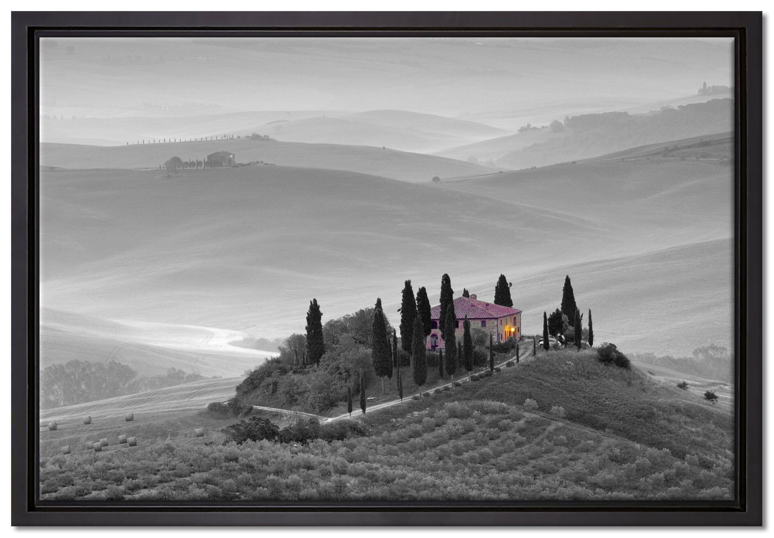 Pixxprint Leinwandbild schöne Toskana Landschaft, Wanddekoration (1 St), Leinwandbild fertig bespannt, in einem Schattenfugen-Bilderrahmen gefasst, inkl. Zackenaufhänger