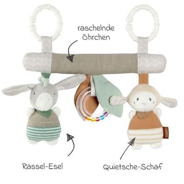 Fehn Greifspielzeug Esel & Schaf Activity-Trapez, zum Aufhängen - Stoff-Lernspielzeug mit Rassel und Quietsche