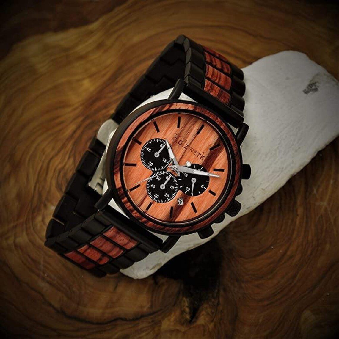 Datum, Edelstahl Armband Holzwerk mit Uhr Holz schwarz, rot Chronograph Herren & BERNAU