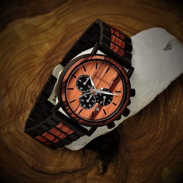 Holzwerk Chronograph BERNAU Herren Edelstahl & Holz Armband Uhr mit Datum, schwarz, rot