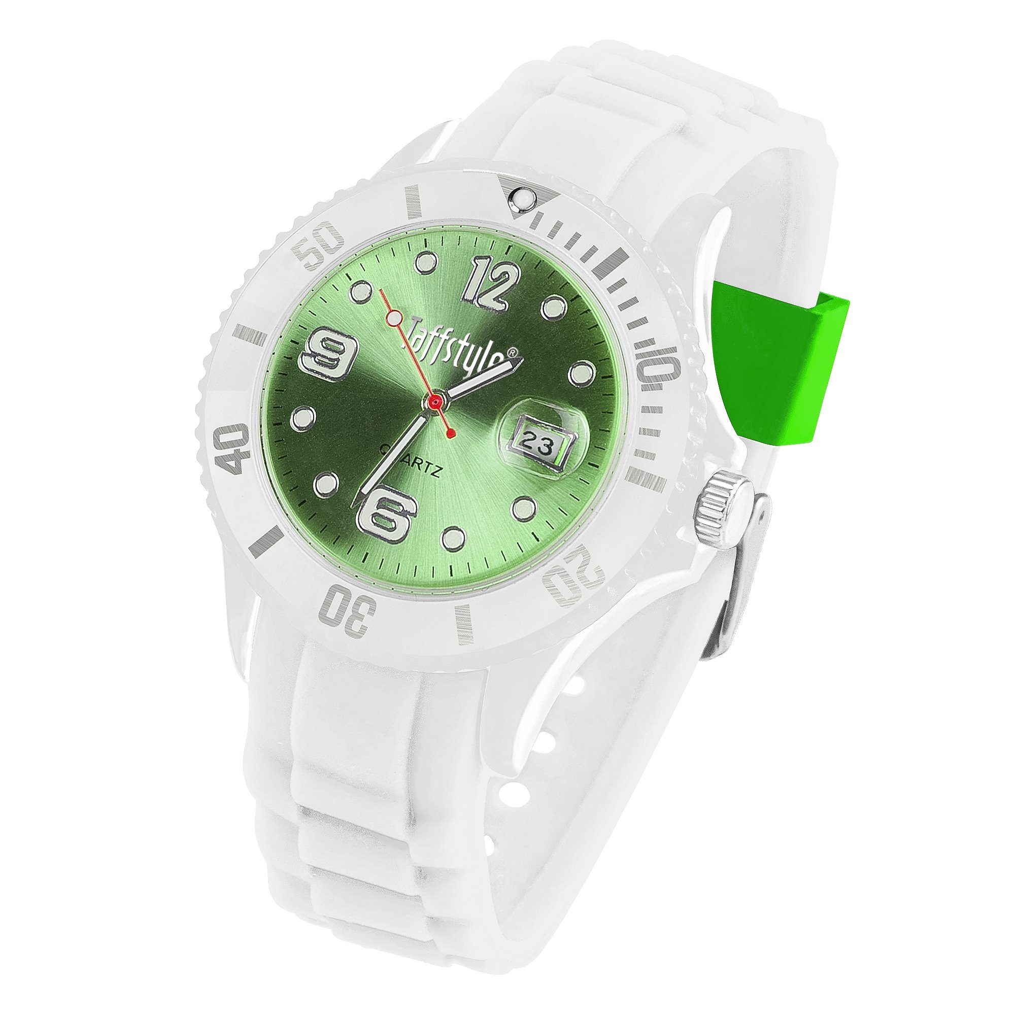 Taffstyle Quarzuhr Silikon Armbanduhr Weiß mit Datum Quarzuhr mit farbigen Ziffernblatt, Analoge Uhr mit Datum sportliches Design unisex für Damen und Herren