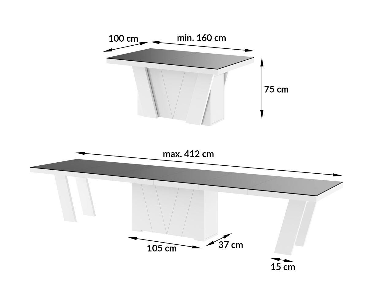ausziehbar Hochglanz 160-412cm Schwarz Weiß designimpex HEG-111 Tisch / Konferenztisch Hochglanz Design Hochglanz Esstisch XXL