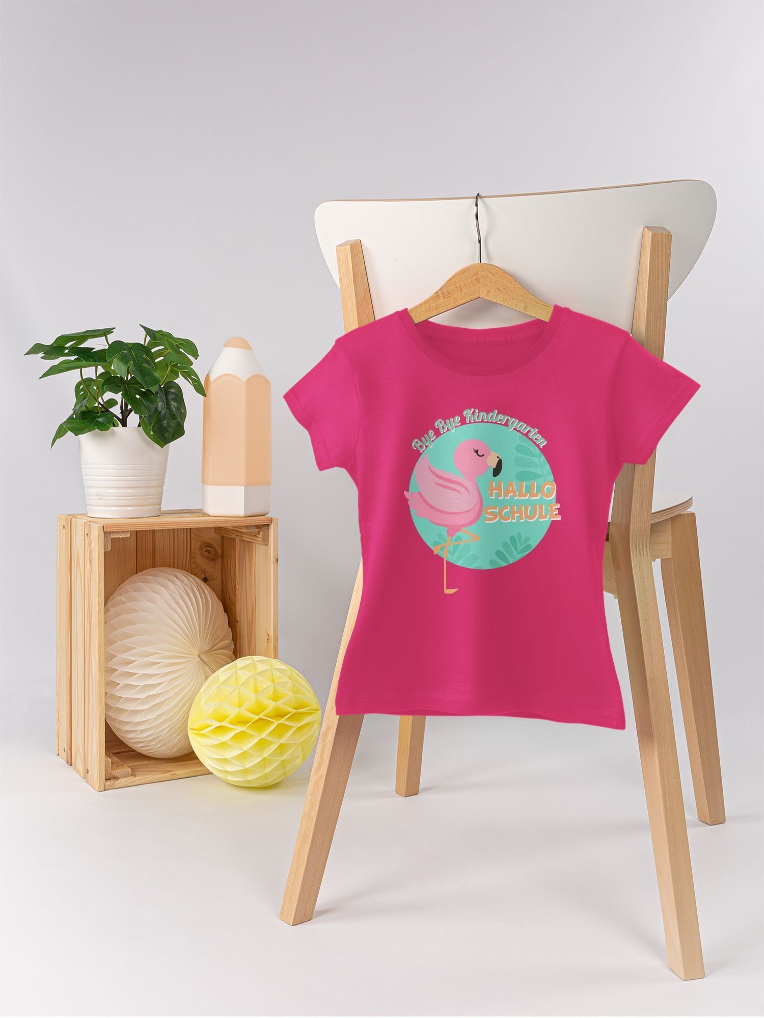 Einschulung Bye Shirtracer T-Shirt Schule Bye Mädchen Kindergarten Fuchsia 1 Hallo Flamingo