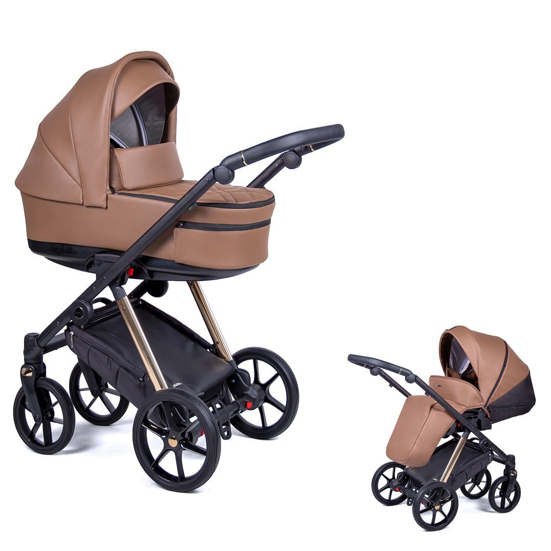 babies-on-wheels Kombi-Kinderwagen 2 in 1 Kinderwagen-Set Axxis Premium - 14 Teile - in 12 Designs Braun = Gestell gold