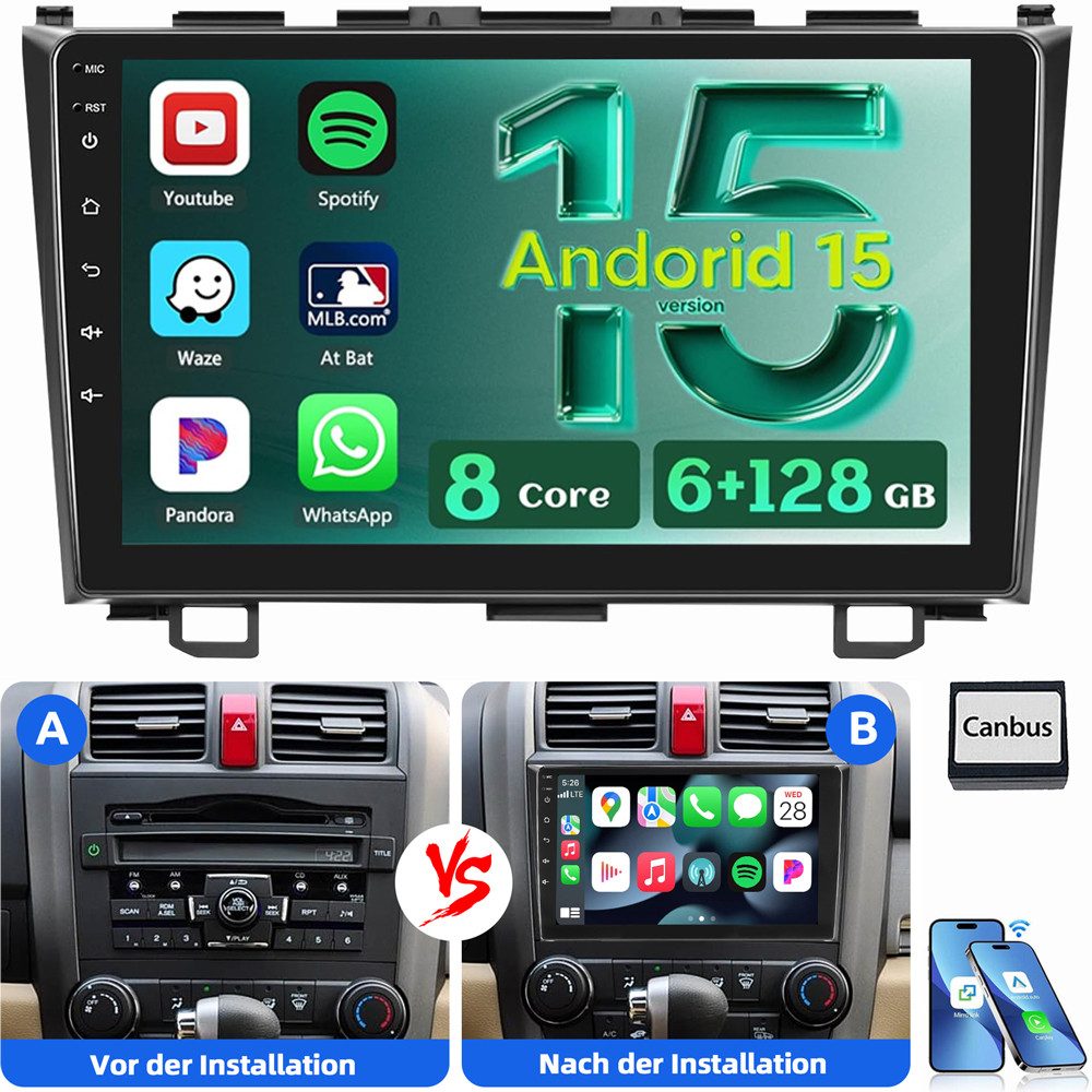 ESSGOO 8-Kern Für Honda CRV CR-V 2007-2011 Android 15 CarPlay 6+128G Autoradio (Digitalradio (DAB), RDS, FM, AM, Apple Carplay Android Auto Navi WIFI BT EQ SWC)