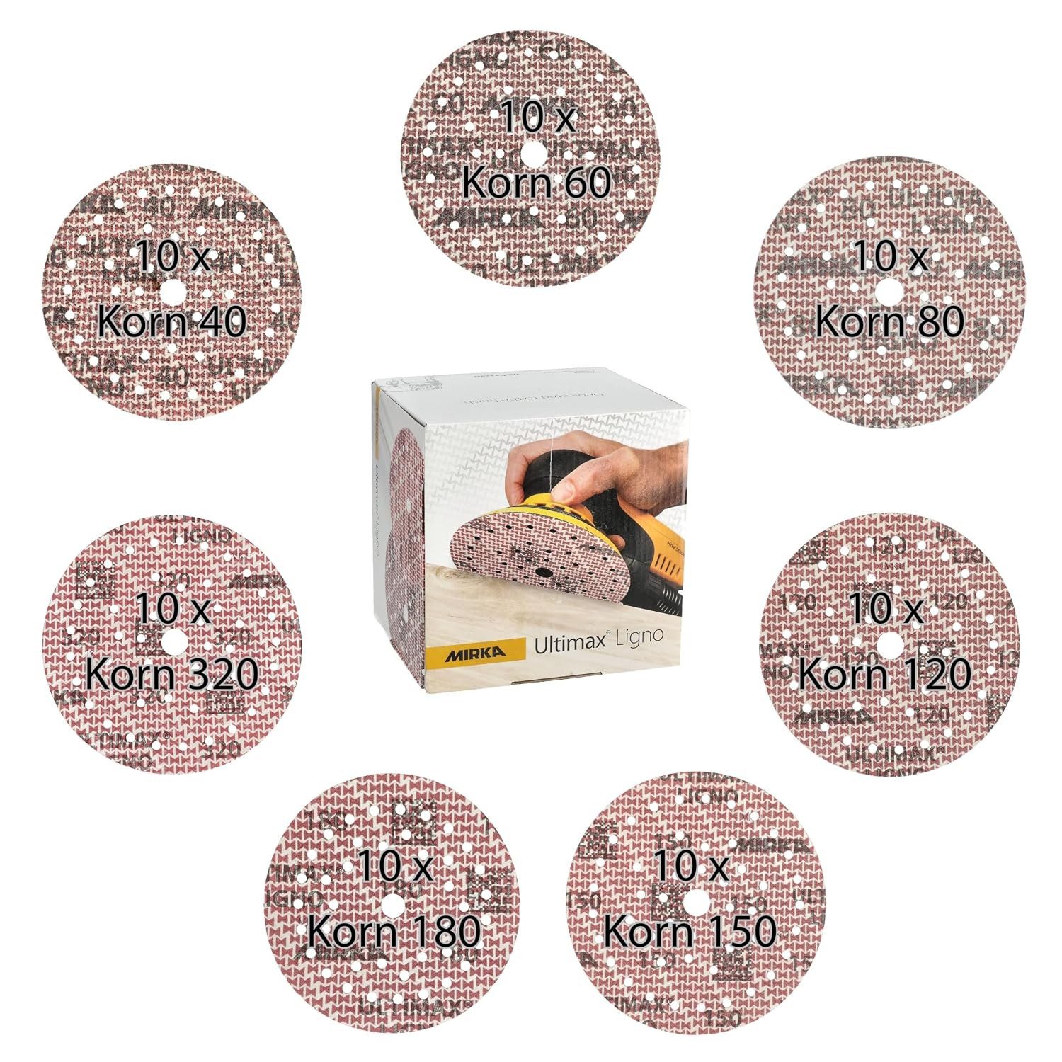 Mirka Schleifscheibe Ultimax Ligno, (70 St), Ø 150 mm, Mix-Pack 40/60/80/120/150/180/320, je 10 Stk