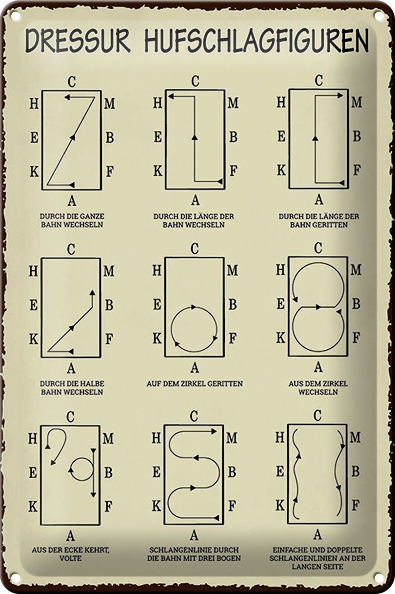 Femer GmbH Metallschild 20x30cm Dressurreiten Hufschlagfiguren Pferd Dressur Reiter, (1 St), gewölbte Oberfläche, abgerundete Ecken, umgeschlagene Kanten