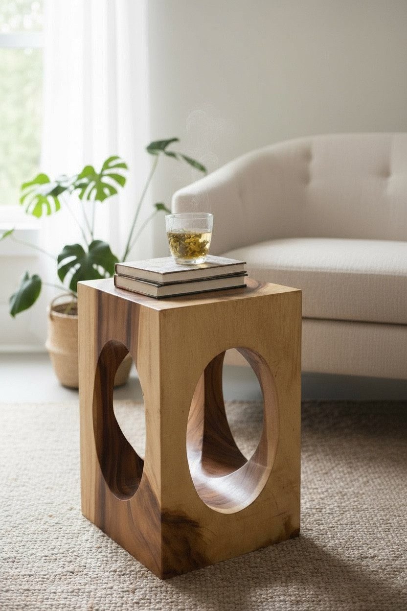 FaHome Beistelltisch Holz – Couchtisch Blumenhocker Hocker - (Eckig mit O-Ausschnitt Suarholz - 45x30x30 cm), Handgefertigt