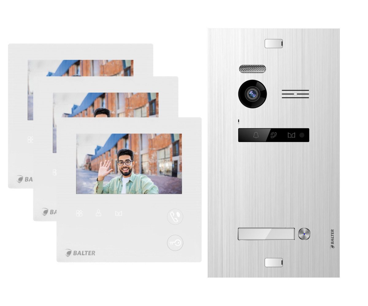 Balter Video-Türsprechanlage EVO MINI Komplettsystem für 1-Familienhaus Silber 3x 4.3" Monitore (Set, 1-Familienhaus, Komplettsett, 2-Draht BUS, 150° Weitwinkel-Kamera)