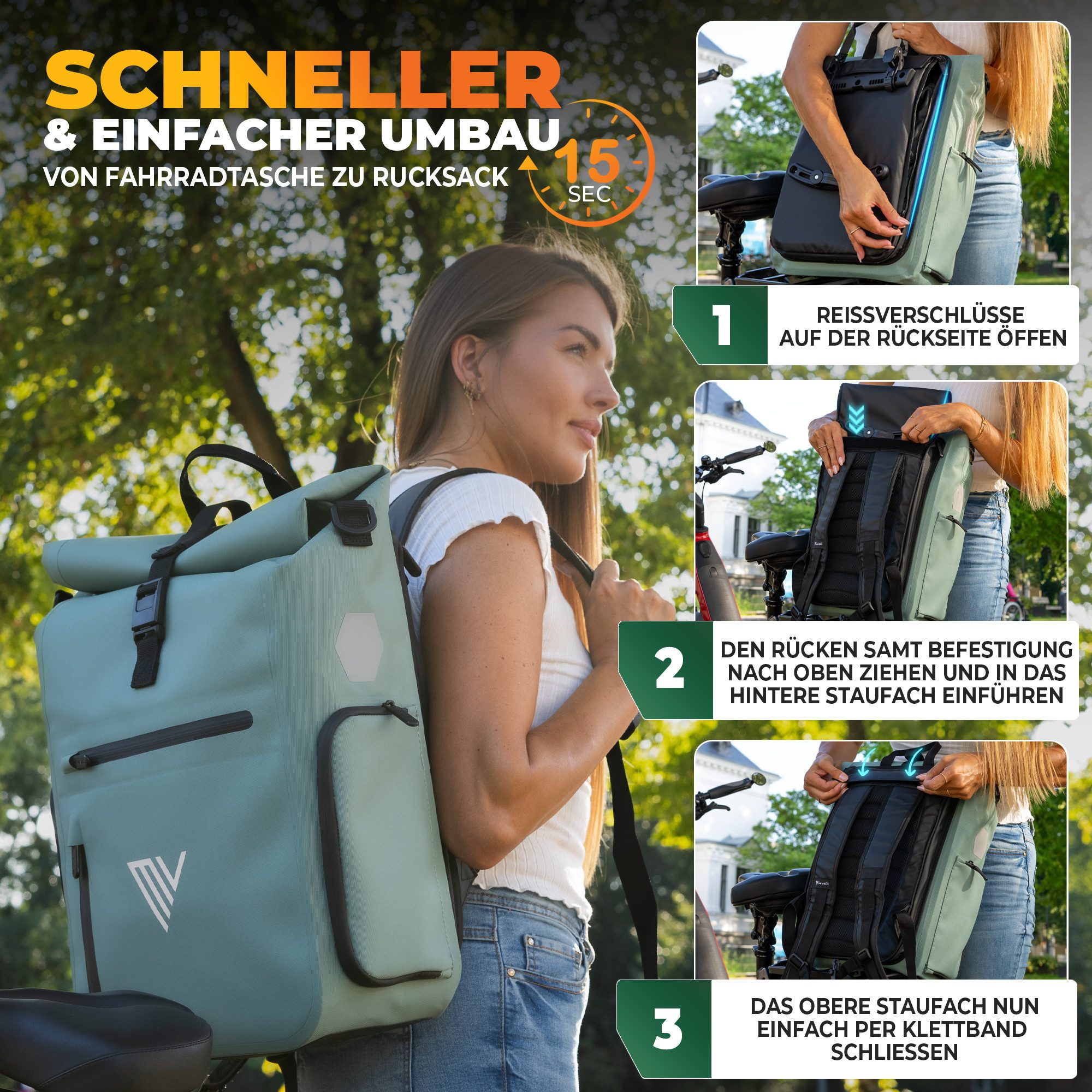 MIVELO Fahrradtasche 3in1 Gepäckträgertasche mit Rucksackfunktion Schultergurt wasserdicht, geräumiges Hauptfach, Außentaschen, Laptopfach – Bild 3 von 5