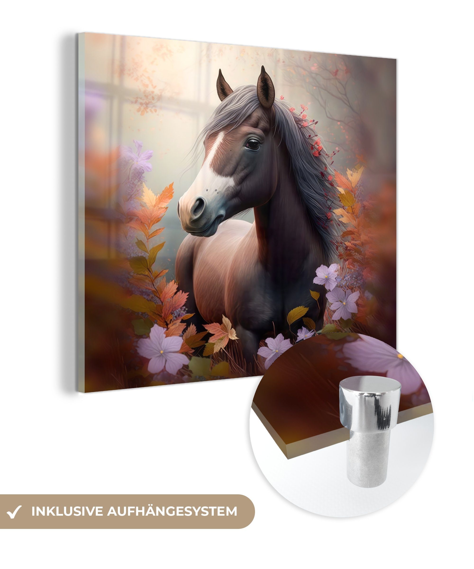 MuchoWow Acrylglasbild Pferd - Blumen - Natur - Lila - Tiere, (1 St), Glasbilder - Bilder auf Glas Wandbild - Foto auf Glas - Wanddekoration