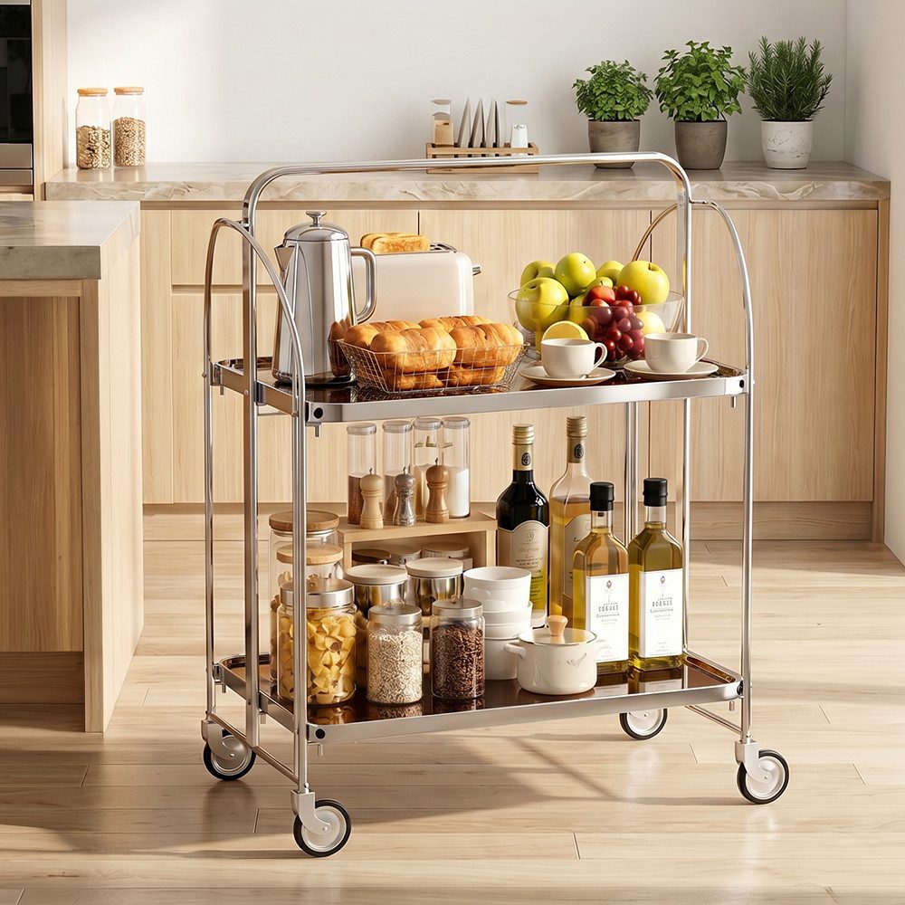 YMQHBS Küchenwagen Klappbarer Wagen (mit Bremse) mit 2 Hartglasböden,Servierwagen, Klappen Küchenwagen mit 4 Rollen, 68 x 40 x 80cm, für Küche Wohnzimmer