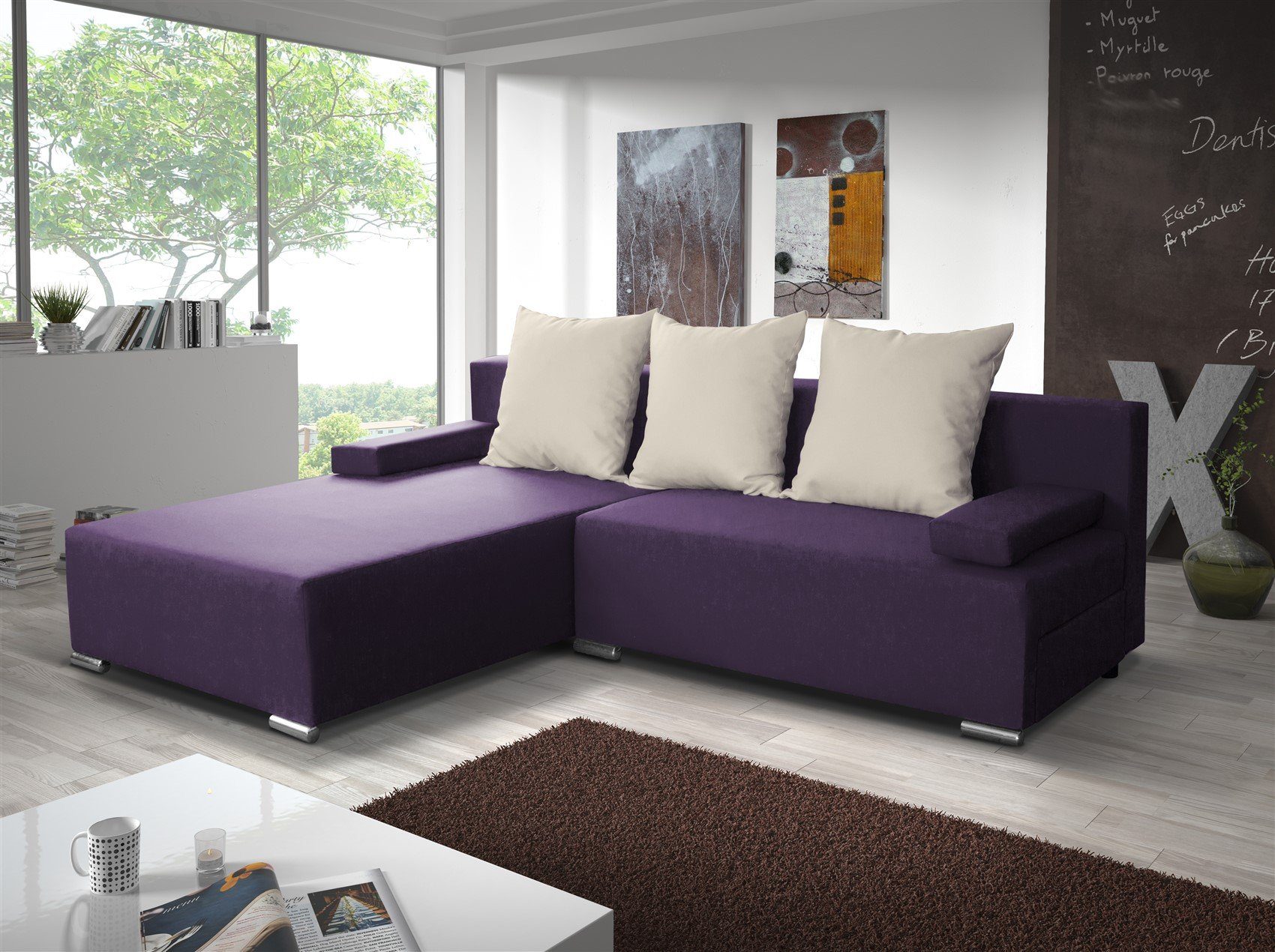 3 mit Möbel inkl. mane, inkl. Violett-Beige Rückenkissen, Schlaffunktion Fun Sofa und Ecksofa Bettkasten LUCY