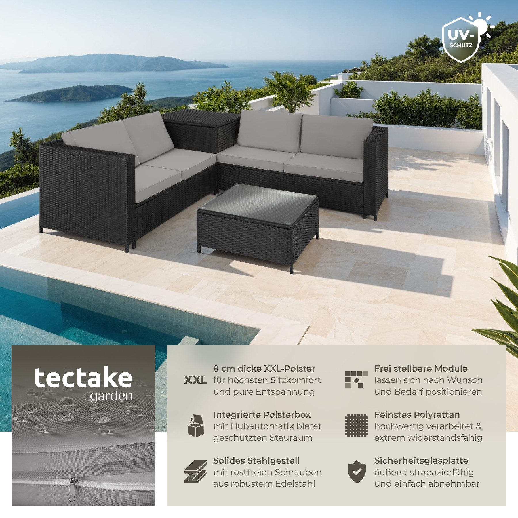 tectake Loungeset Rattan Sitzgruppe inkl. großer Aufbewahrungsbox, für 4 Personen, (Gartenlounge-set Siena, 5-tlg., geeignet für Outdoor in Schwarz/Grau), widerstandsfähig und UV-beständig, Dicke der Sitzpolster 8 cm