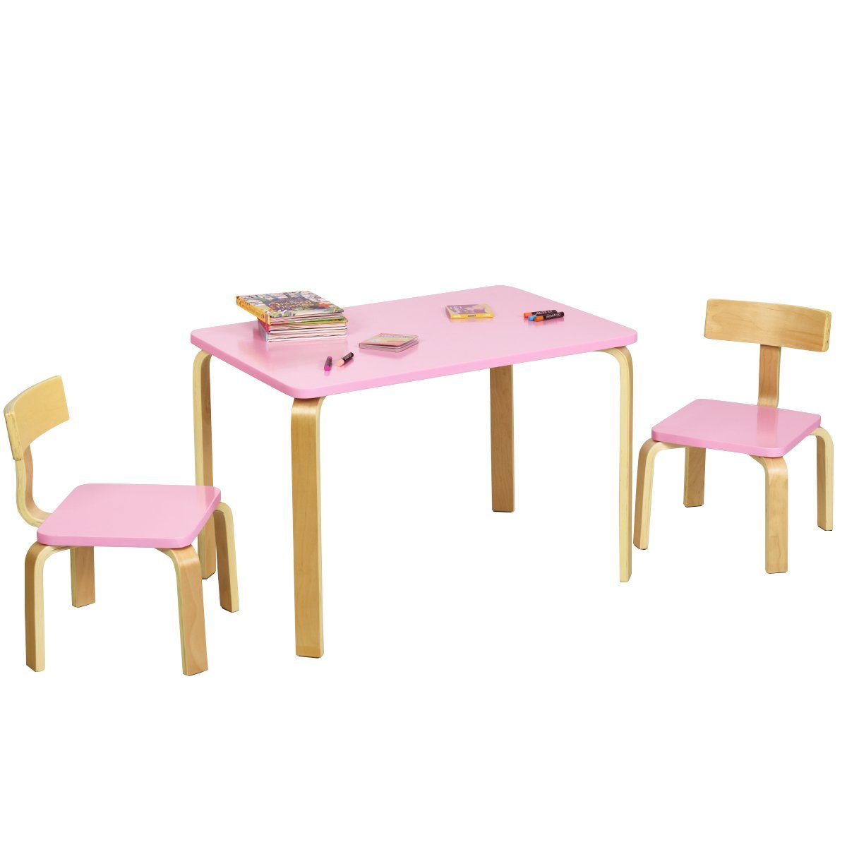COSTWAY Kindersitzgruppe, Kindertisch mit 2 Kinderstühlen, Holz Rosa