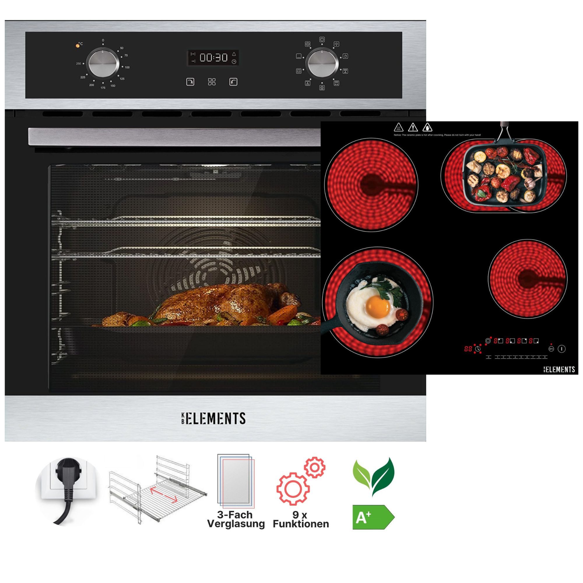 Backofen-Set Einbaubackofen 60 cm mit 4-Zonen Glaskeramik Kochfeld 60 cm