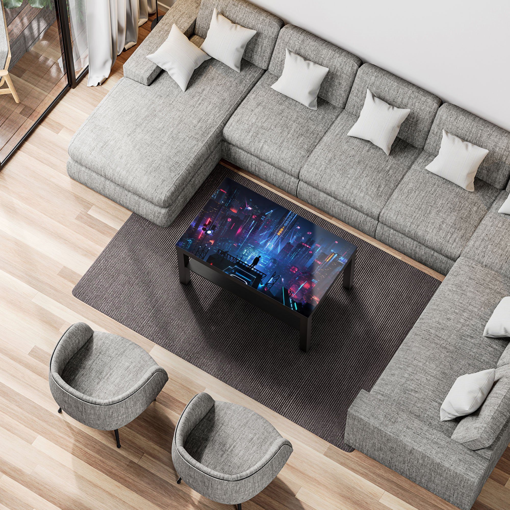 DEQORI Couchtisch 'Cyberpunk Stadt bei Nacht', Glas Beistelltisch Glastisch modern