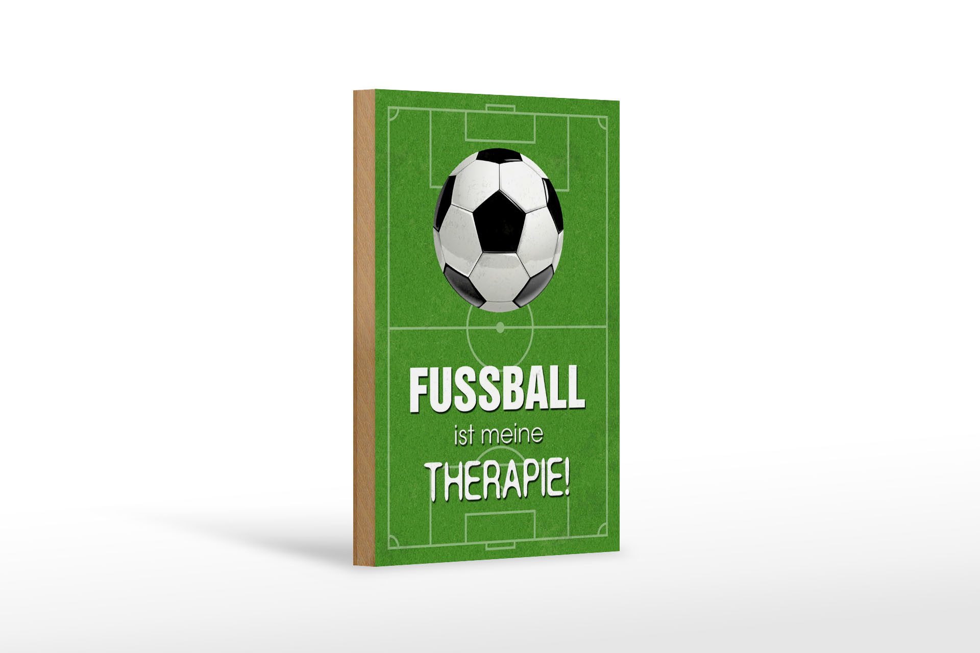 Femer GmbH Holzbild Spruch 12x18 cm Fußball ist meine Therapie, Camping Sport Hobby Freizeit, Sprüche Zitate Lustiges (1 St), Glatte Holzfaserplatte (MDF), vorn beschichtet