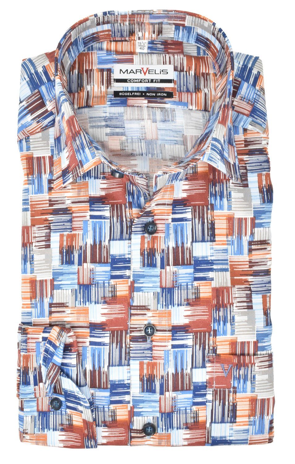 MARVELIS Businesshemd Businesshemd - Comfort Fit - Langarm - Muster - Rostbraun/Blau Allover-Print