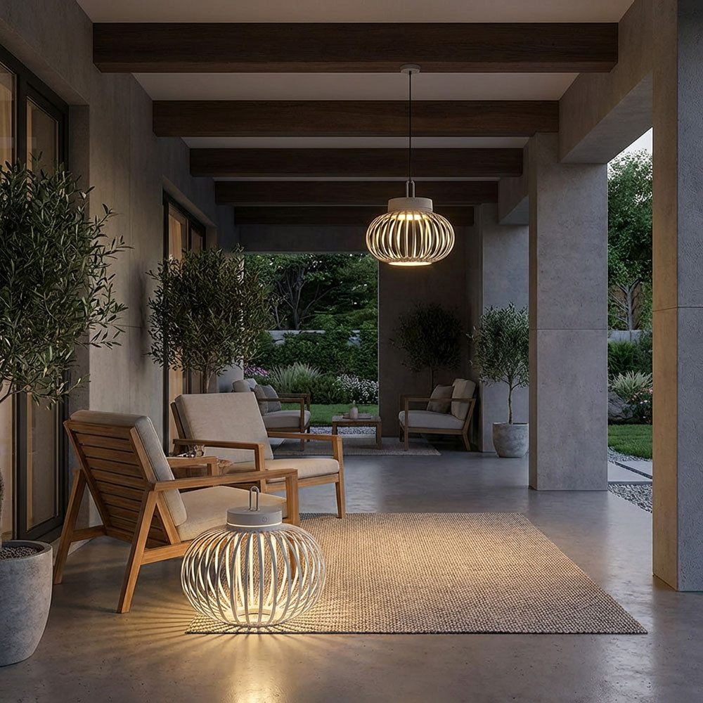 JUST LIGHT Außen-Tischleuchte, LED-Leuchtmittel fest verbaut, Warmweiß, LED Tischleuchte Pendellampe Akku Bambus greige USB Touchdimmer 2x