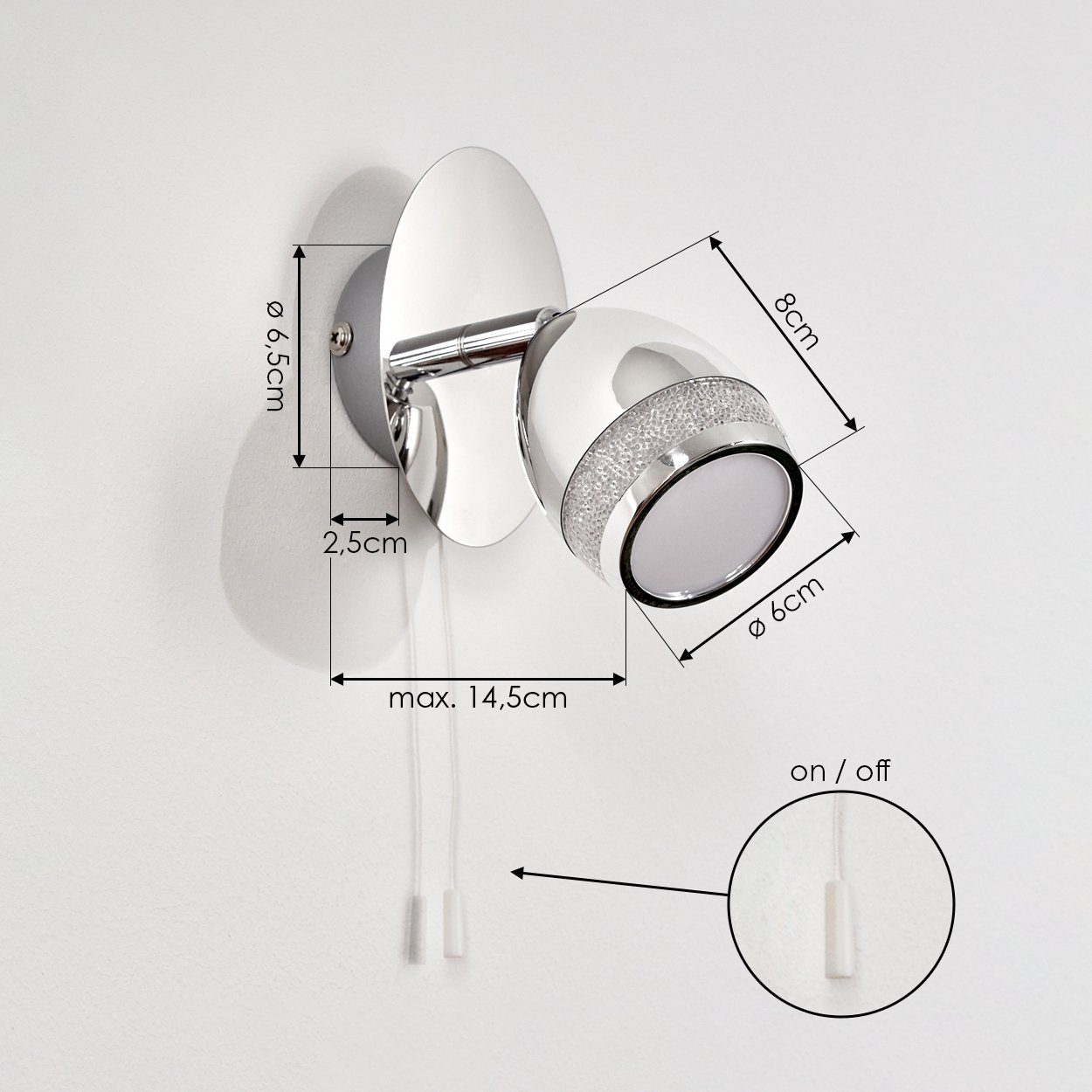 Wandlampe, verstellbare 350 Schminklicht, IP44 Chrom/Weiß, Spiegelleuchte 4000 Lumen, hofstein Glitzer-Optik, Zugschnur, Metall/Kunststoff, »Anterselva« Spiegellampe m. Kelvin,