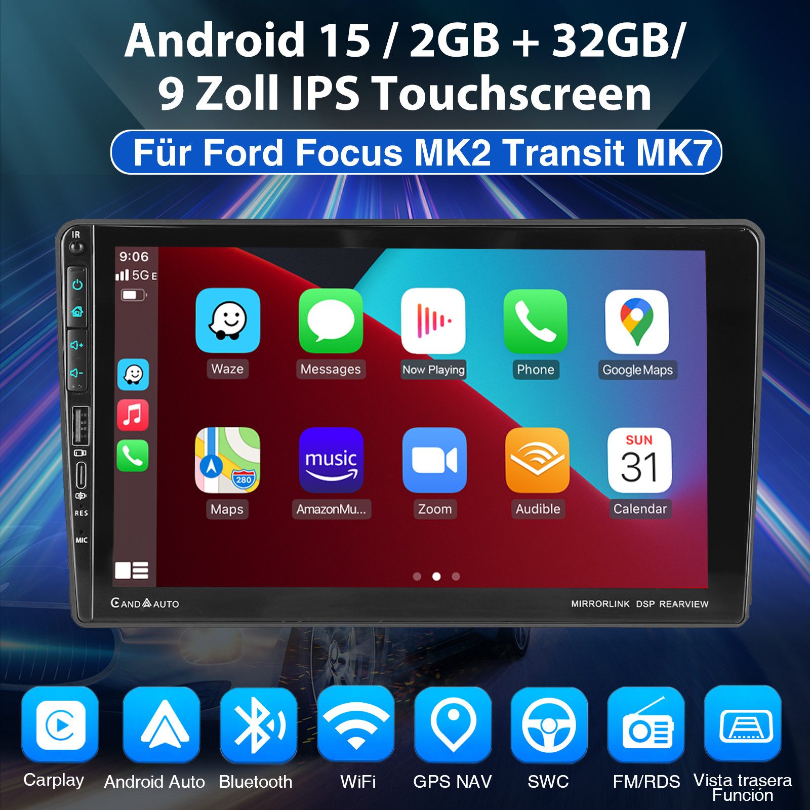 ESSGOO DAB+ Android 15 Autoradio Für Ford S-Max/Fiesta/Focus Carplay Mit USB Navigationsgerät (Carplay Android Auto Bluetooth EQ USB GPS Navi WIFI Touchscreen)