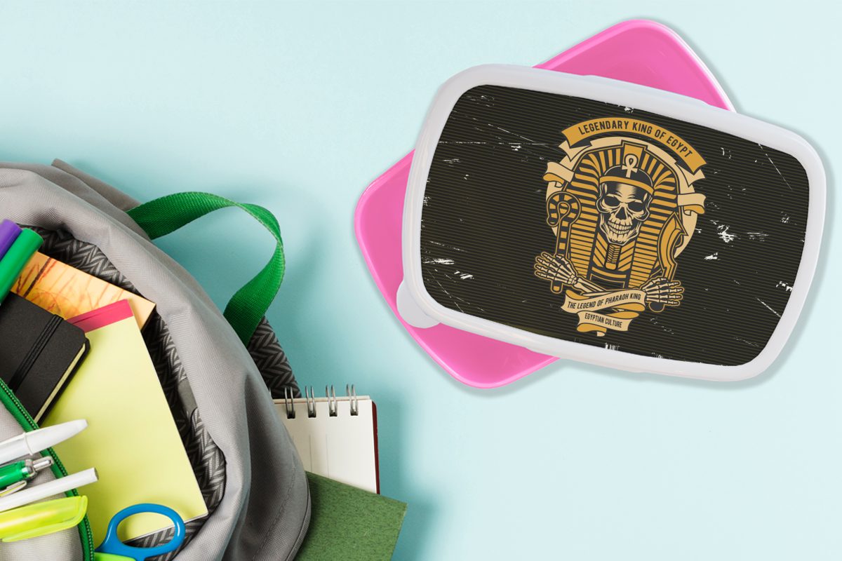 MuchoWow Lunchbox Kunststoff, für rosa Erwachsene, Brotdose Skelett - Retro - Brotbox Mädchen, Pharao Kunststoff Kinder, (2-tlg), Zeichnung, Snackbox, 