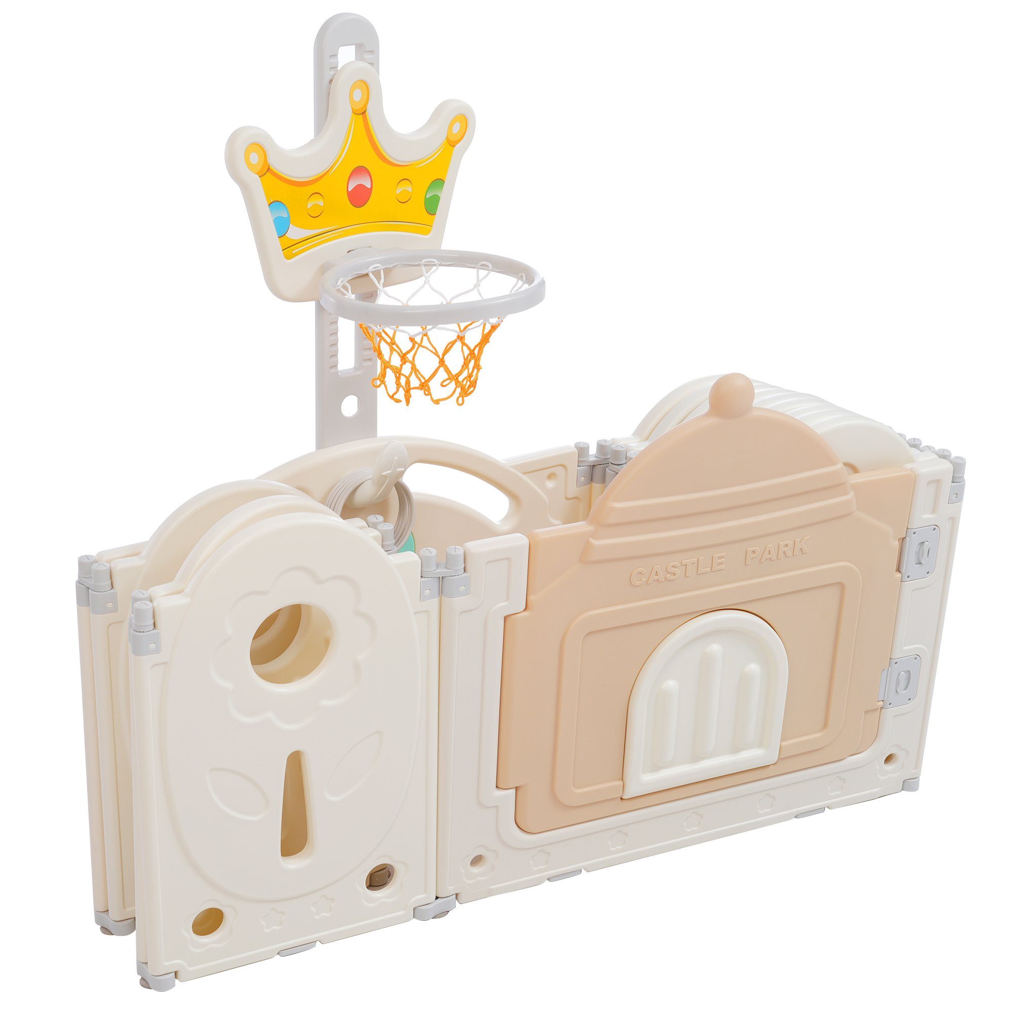 Aktivitätszentrum, Spielbrett mit mit Ulife Schaukeln und faltbar Laufgitter Rosa-Weiß HDPE, aus Laufgitter Kinder Basketbalkorb,12+2Baby-Laufstall