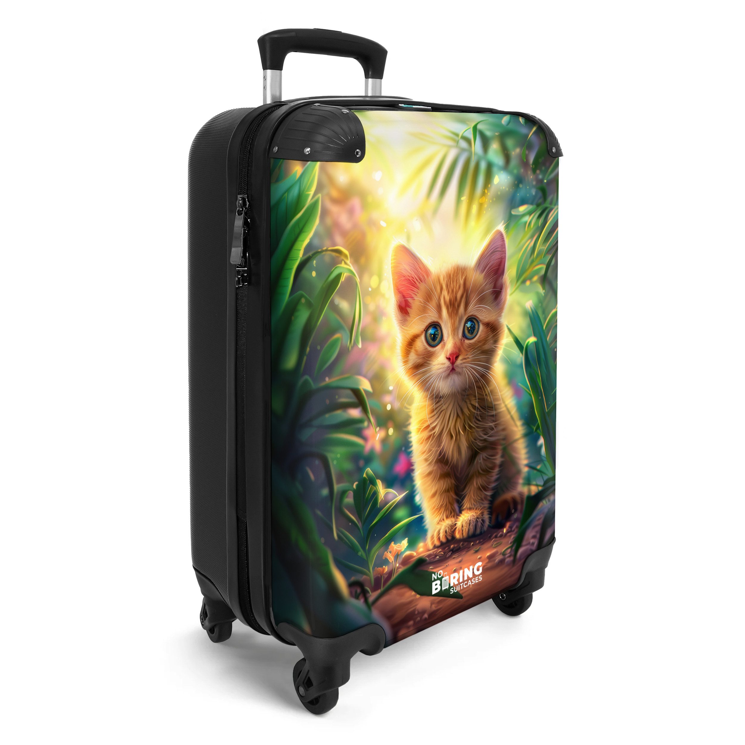 NoBoringSuitcases.com© Kinderkoffer Rotes Kätzchen in grüner Natur 55x35x20cm, 4 Rollen, Kinder Koffer Klein, Trolley Handgepäck, Reisekoffer