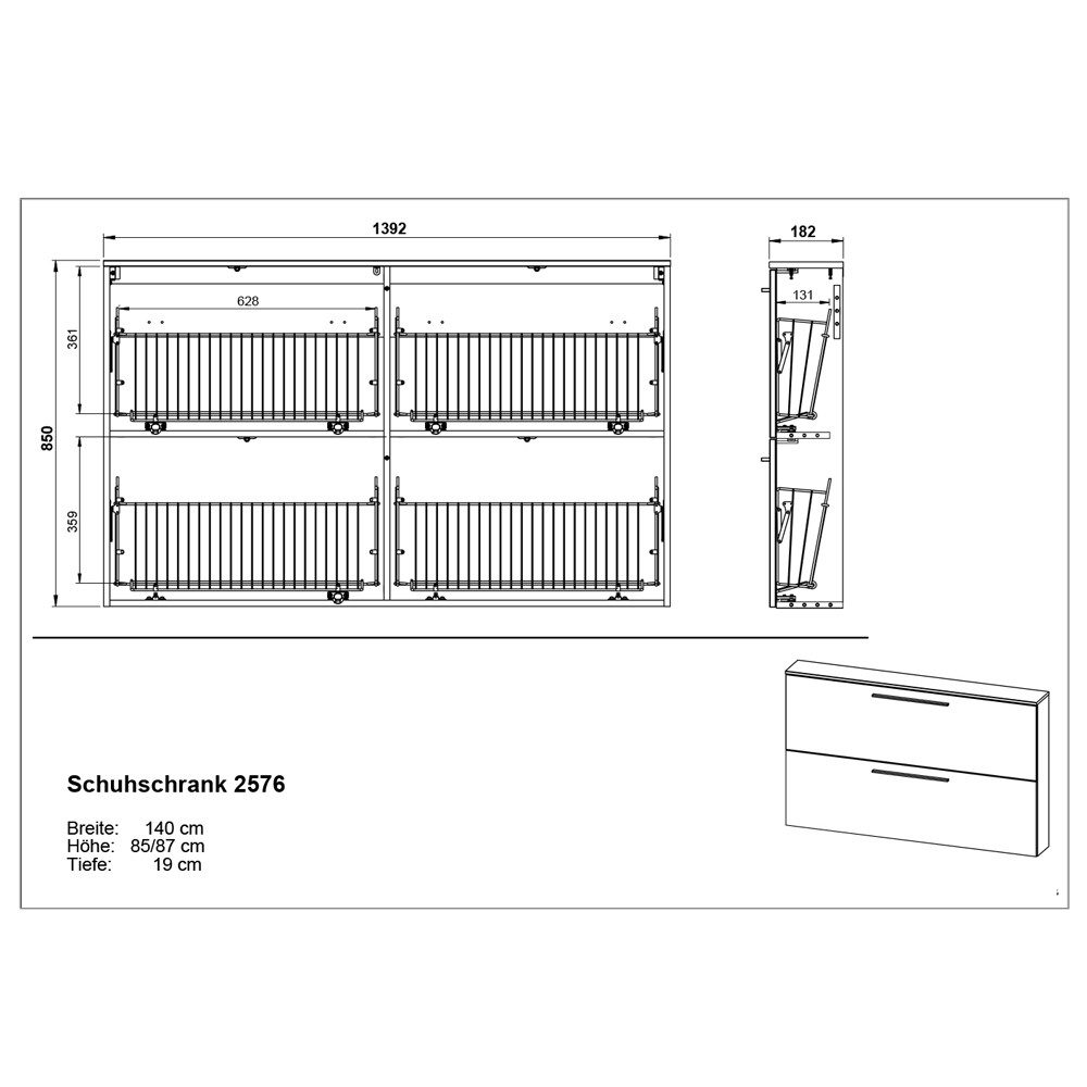 Lomadox Schuhschrank UTRERA-01 für schmalen Flur in weiß, B/H/T: ca. 140/85/19 cm