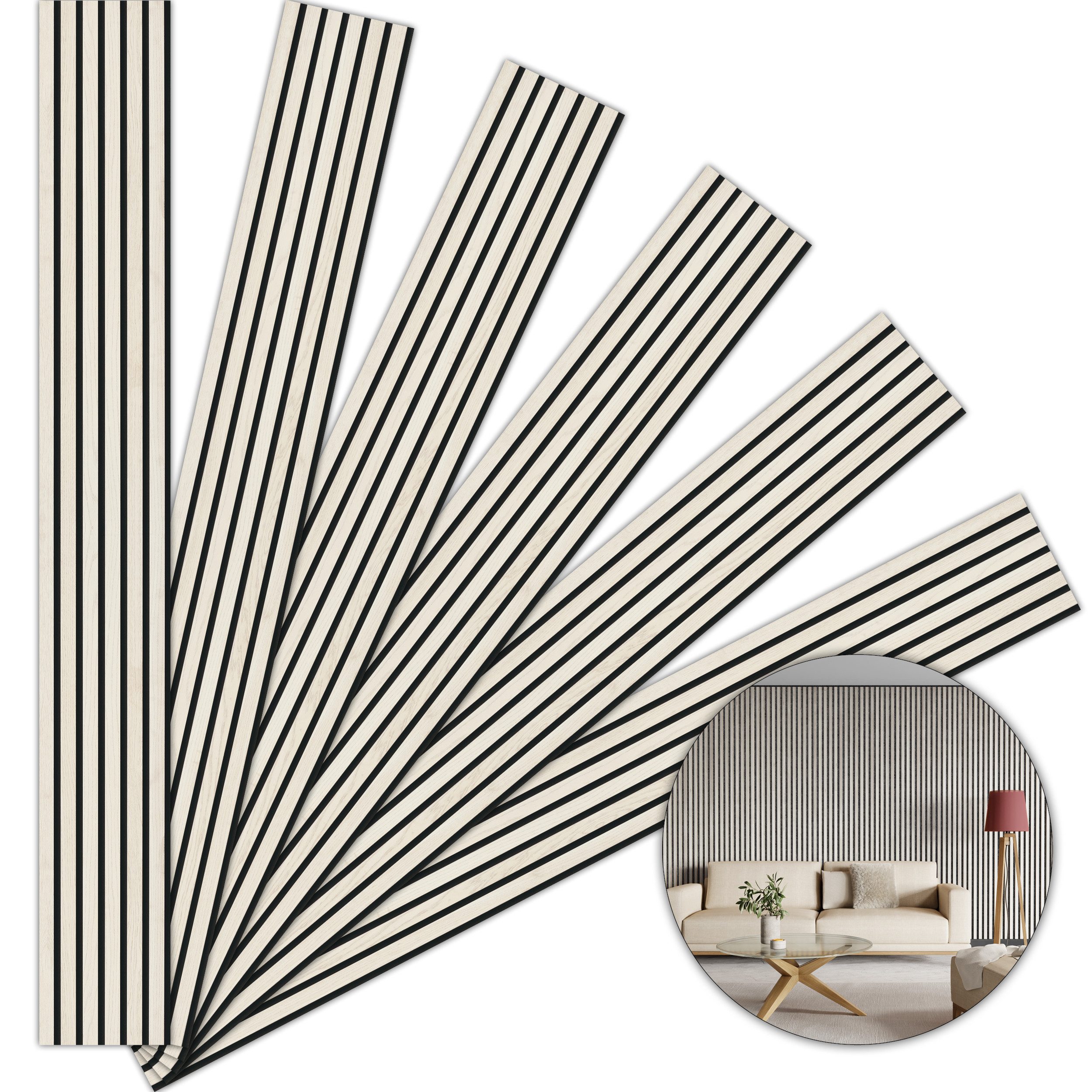 acous 3D Wandpaneel Akustikpaneel Spar-Set Comfort FSC® Eiche Echtholzfurnier, BxL: 30,00x250,00 cm, 0,75 qm, (Spar-Set mit 6 Paneele, Versandkostenfreie Lieferung, 4,5 m) 6 Echtholz-Dekoleisten mit schwarzem 4 mm Filz-Akustikträger