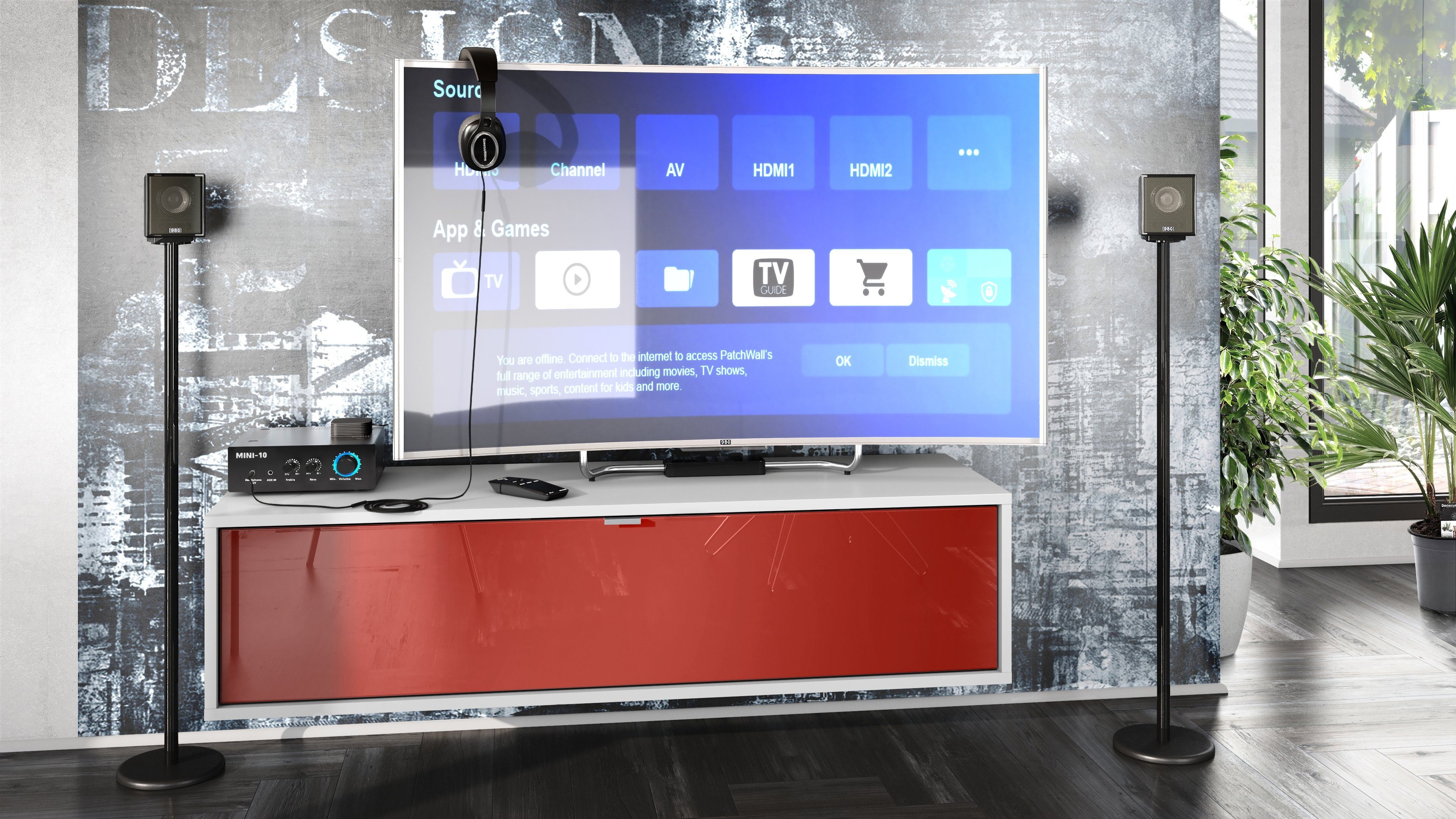 Vladon Lowboard Lana 1200 (TV-Kommode, mit Klappe dahinter 3 Fächer), Weiß matt/Bordeaux Hochglanz (120 x 29 x 37 cm)